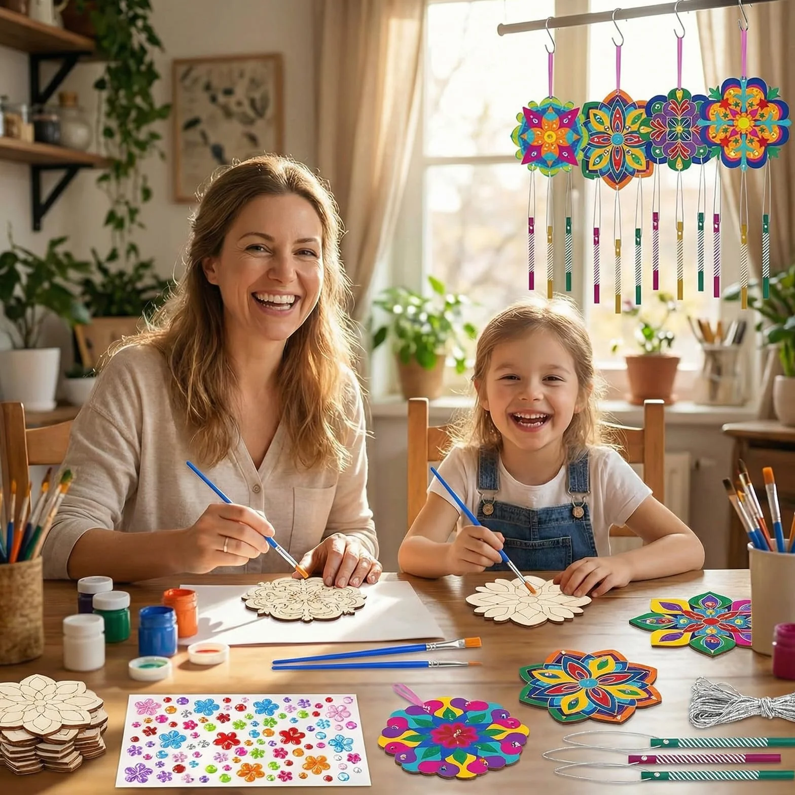 Carillons éoliens en bois pour enfants Mandala - Décoration de jardin - Lot de 10