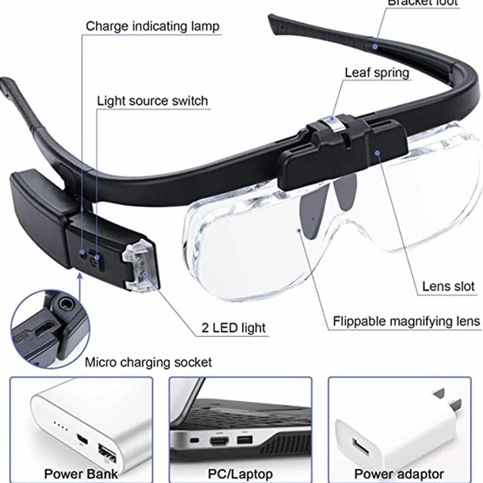 Loupe Frontale à LED Rechargeable USB, Lunettes de Grossissement Mains Libres pour Lecture, Réparation de Bijoux
