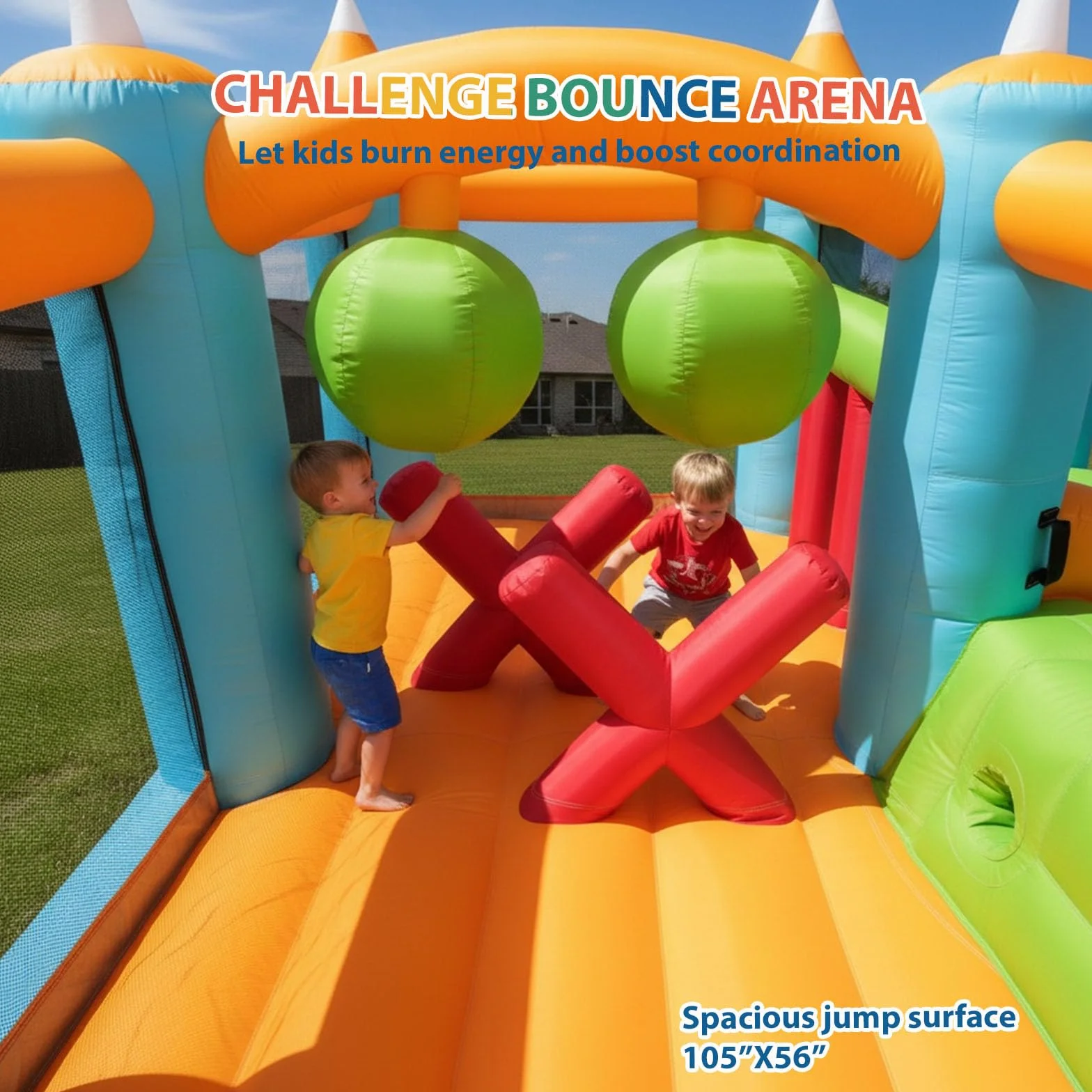 Château Gonflable pour Enfants 3-12 Ans Intérieur Extérieur avec Parcours Obstacles Stand Marché Jouets Parc Tir Football Piscine Balles Ventilateur