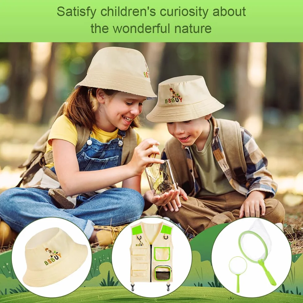 Kit de Exploration Enfant 4Pcs Aventurier Extérieur avec Gilet Safari Chapeau Filet à Papillon Loupe