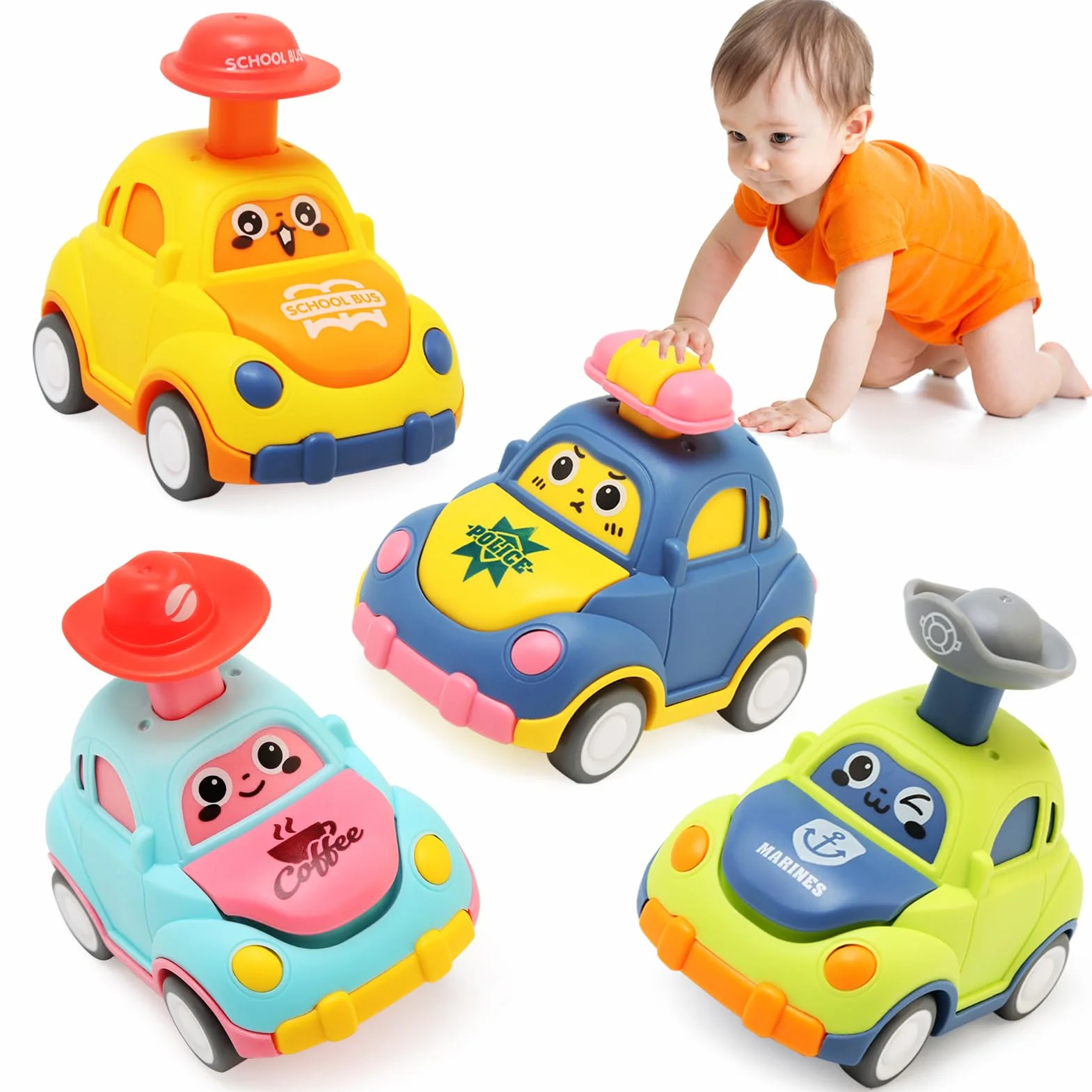 Voiture Enfant 1-3 Ans, 4 Pièces Press and Go Jouet Friction Bebe 12-18 Mois, Véhicules Éducatifs Cadeau Garçons Filles