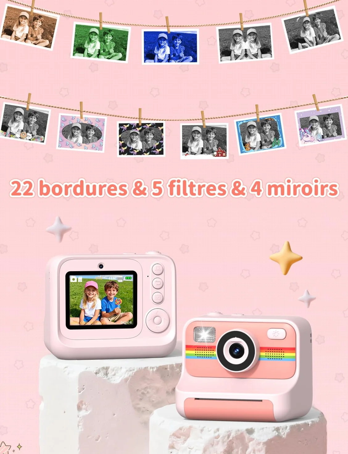 LIORQUE Appareil Photo Instantané Enfant 2.4'' HD 1080p avec Carte 32GB & Papier d'impression Rose