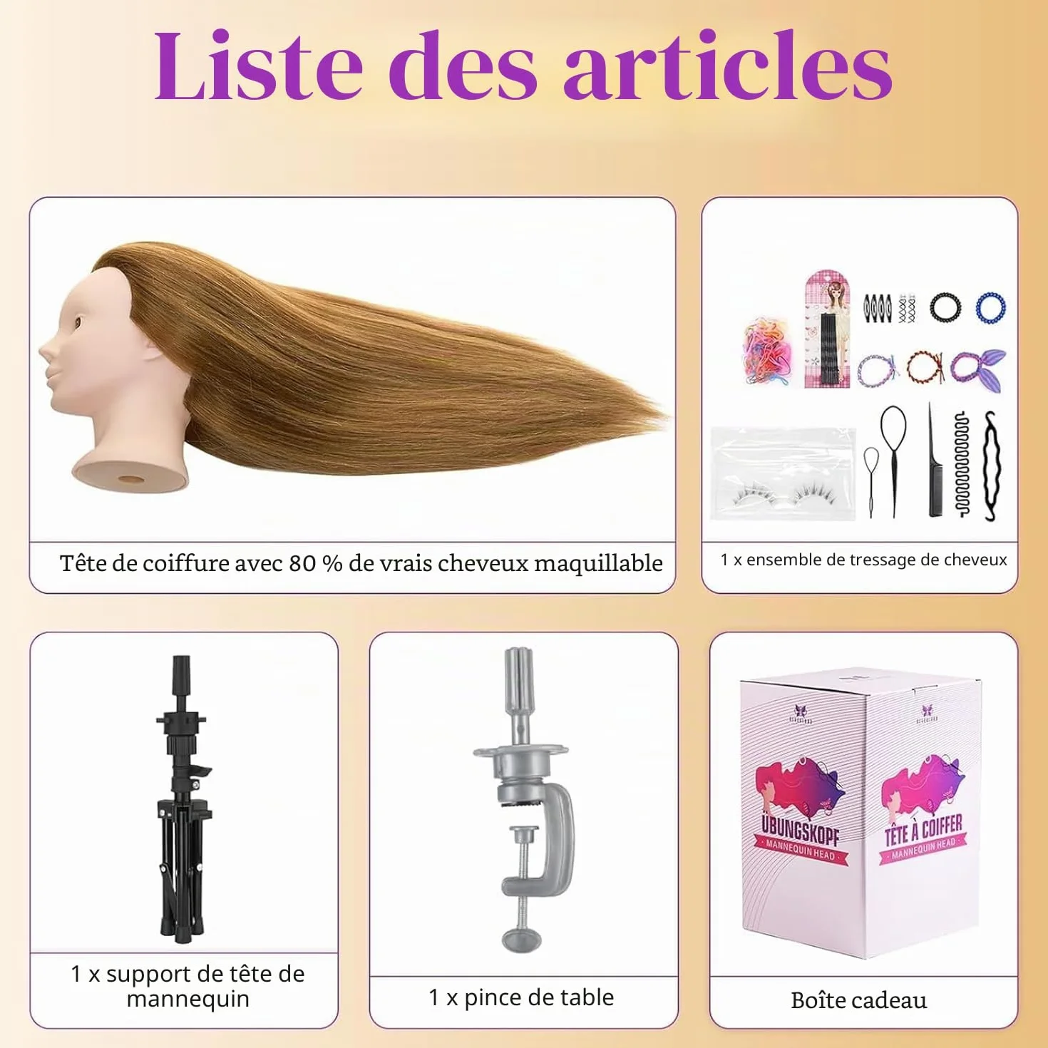 Neverland 24" Tete a Coiffer Professionnelle avec Support Tête de Maquillage 80% Cheveux Naturel Tête de Coiffure