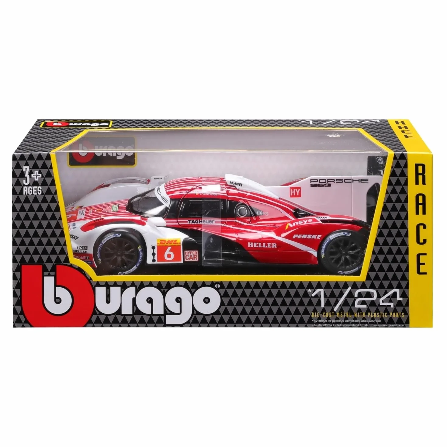 Bburago Porsche Penske 963#6 Voiture Diecast 1:24 Réplique Rouge Blanc Portes Ouvrables