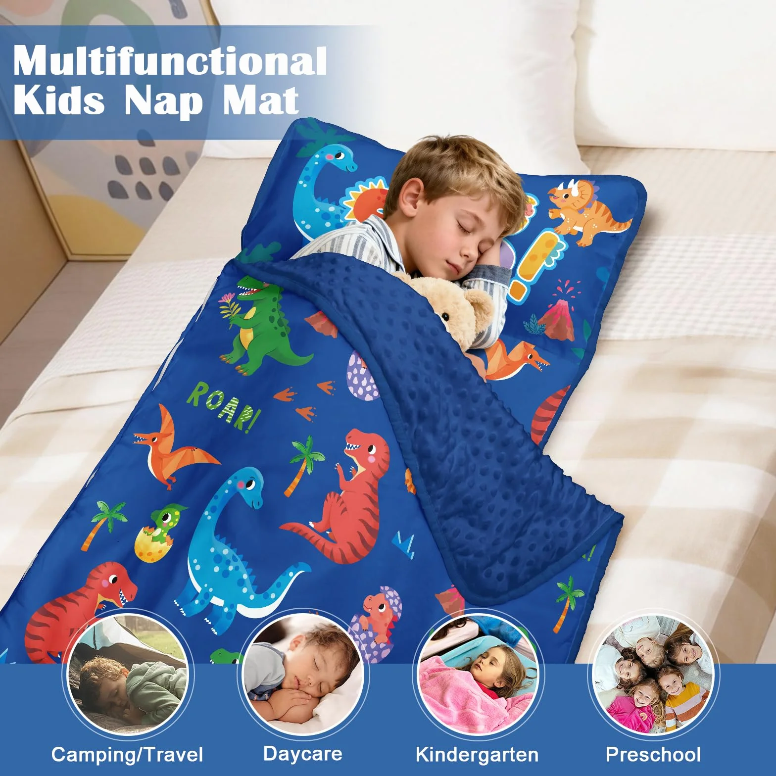 Tapis de Sieste Enfants avec Oreiller et Couverture Amovibles Sac de Couchage 2 en 1 Très Épais