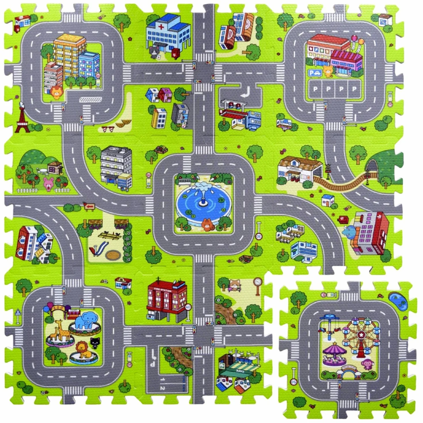 Tapis puzzle en caoutchouc EVA pour enfant circuit routes 90 x 90 x 1 cm pièces interchangeables
