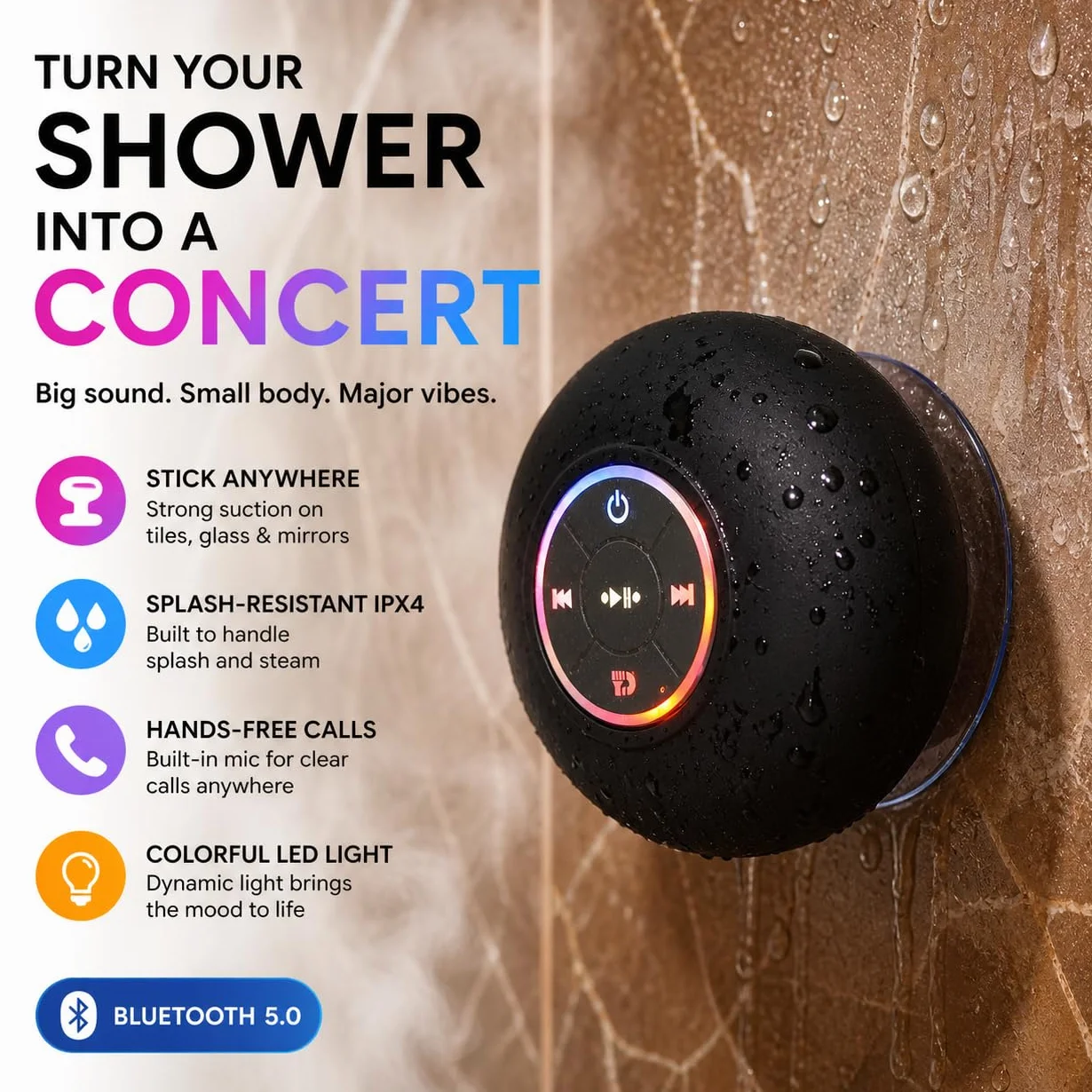 Enceinte Bluetooth étanche IPX4 portable sans fil avec LED, micro intégré, ventouse rechargeable noir