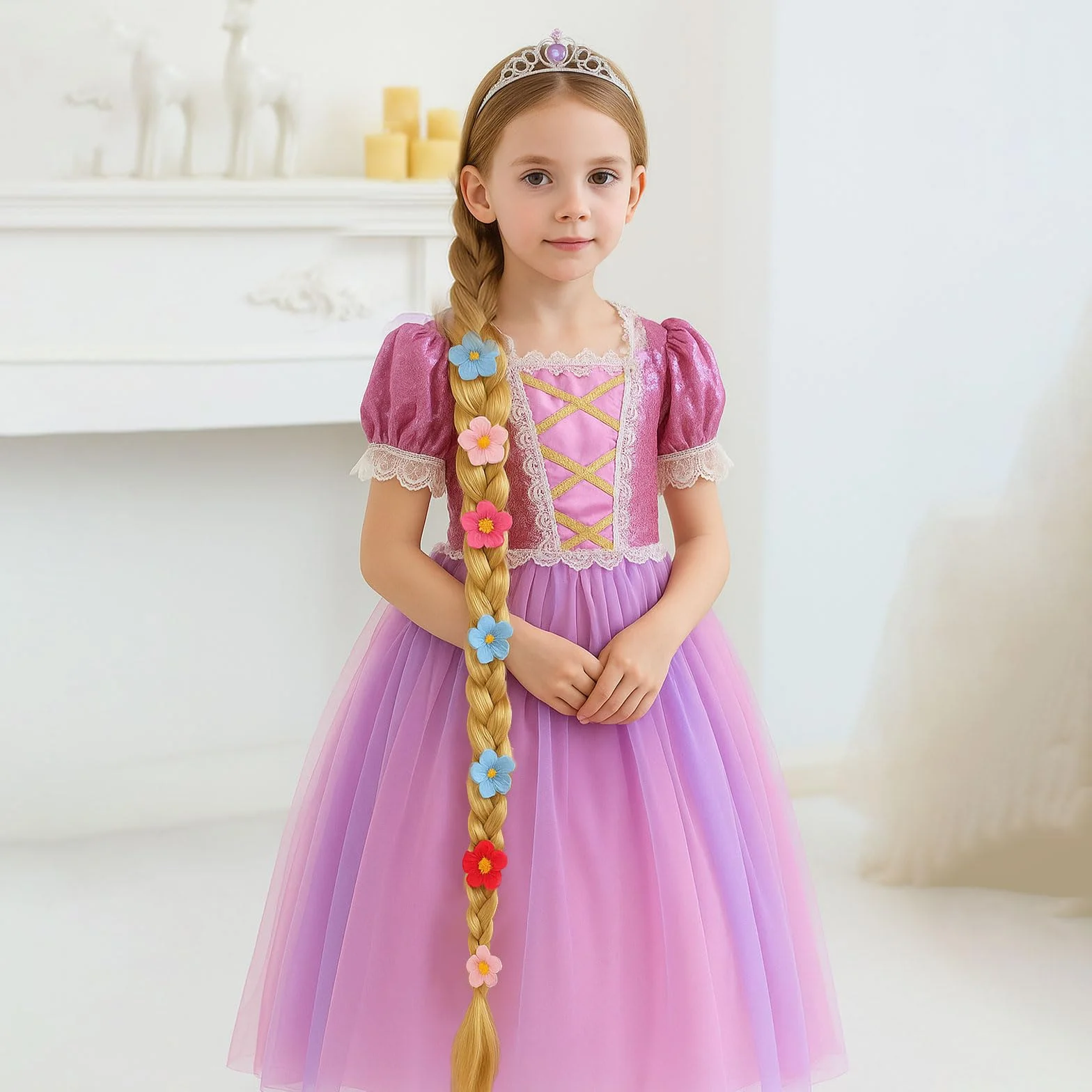 Perruque Princesse Fille, Perruque Rapunzel Blonde Tresse, Décoration Fleur Tie-Dye Costume Halloween
