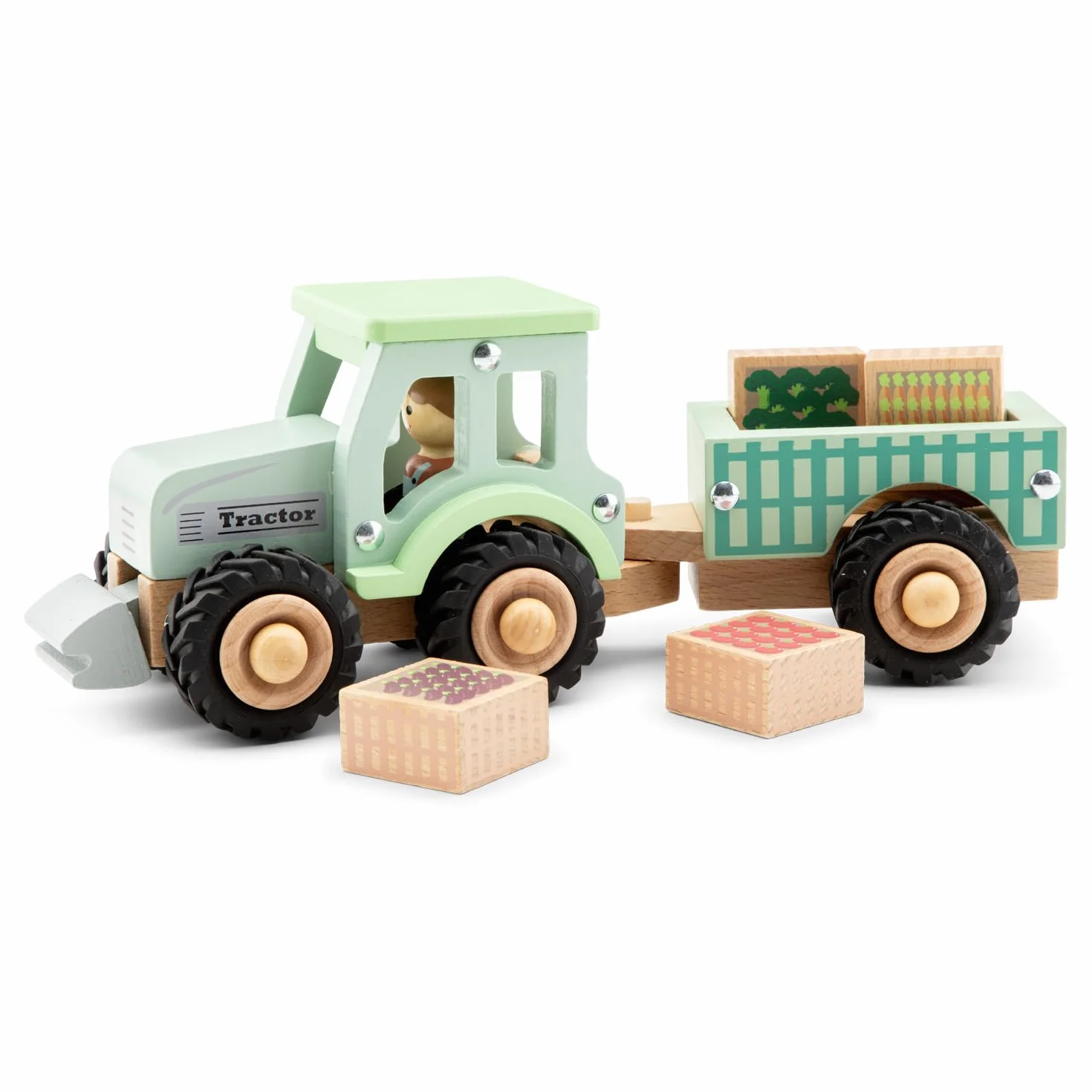 Jouet Tracteur en Bois avec Remorque Détachable pour Tout-Petits – Véhicule de Ferme avec Légumes Jouets – Cadeau Enfants