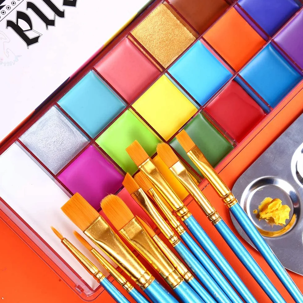 UCANBE Peinture Corporelle 20 Couleurs avec 10 Pinceaux - Maquillage Visage Longue Durée Sécurité - Ensemble pour Enfants Adultes Théâtre Carnaval Halloween