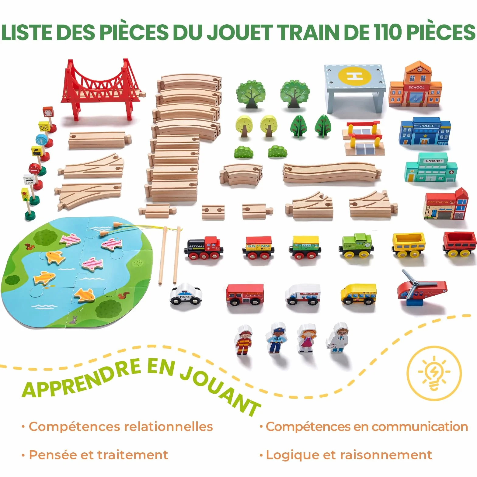 Tiny Land Kit de chemin de fer en bois 110 pièces pour enfants 3-7 ans