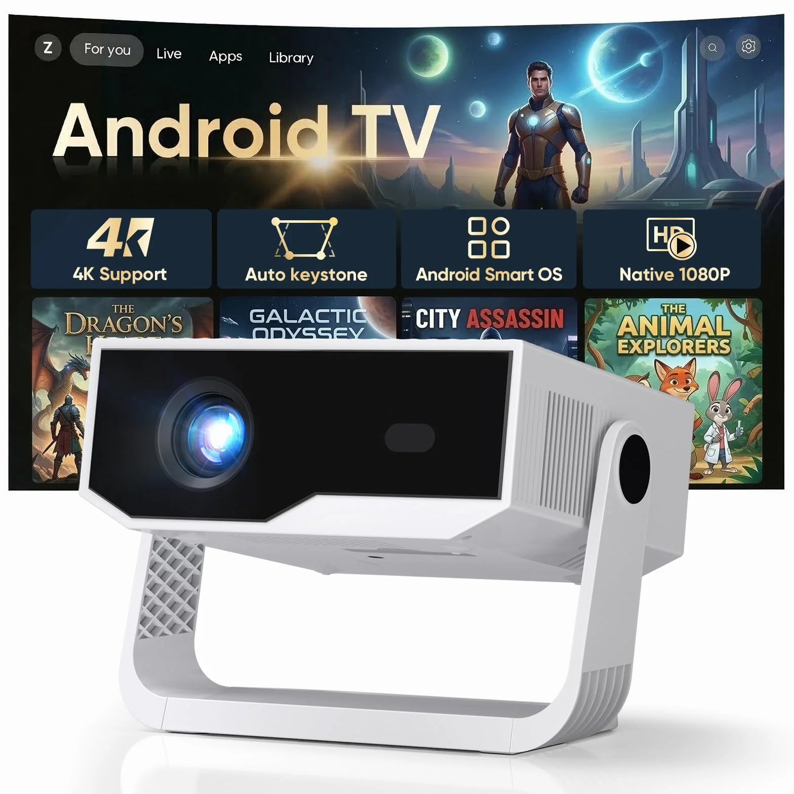 Android Videoprojecteur 4K 1080P WiFi Bluetooth Focus électronique Correction 270 Degrés Portable HDMI TV Stick Laptop