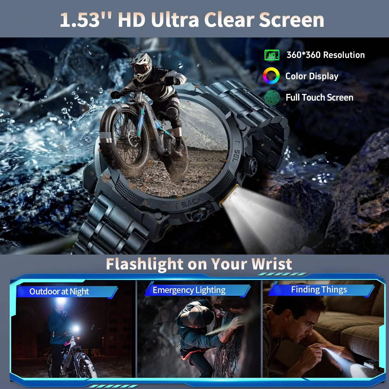 Soudorv Montre Connectée Homme Militaire Smartwatch LED Lampe 1000mAh 1.53" HD Appels Bluetooth Fréquence Cardiaque Sommeil Etanche IP68 Noir