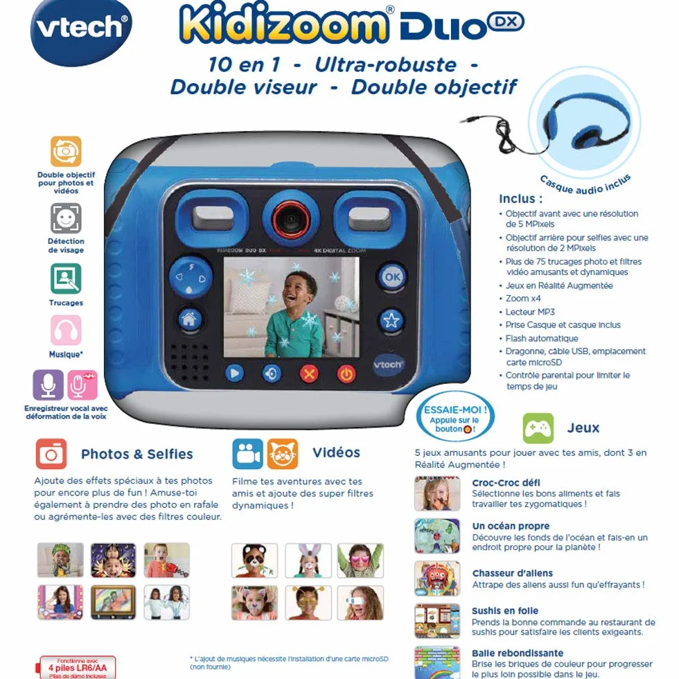VTech KidiZoom Duo DX Bleu Appareil Photo Numérique Enfant 10 en 1 Photo Selfie Vidéo Écran Couleur Lecteur MP3