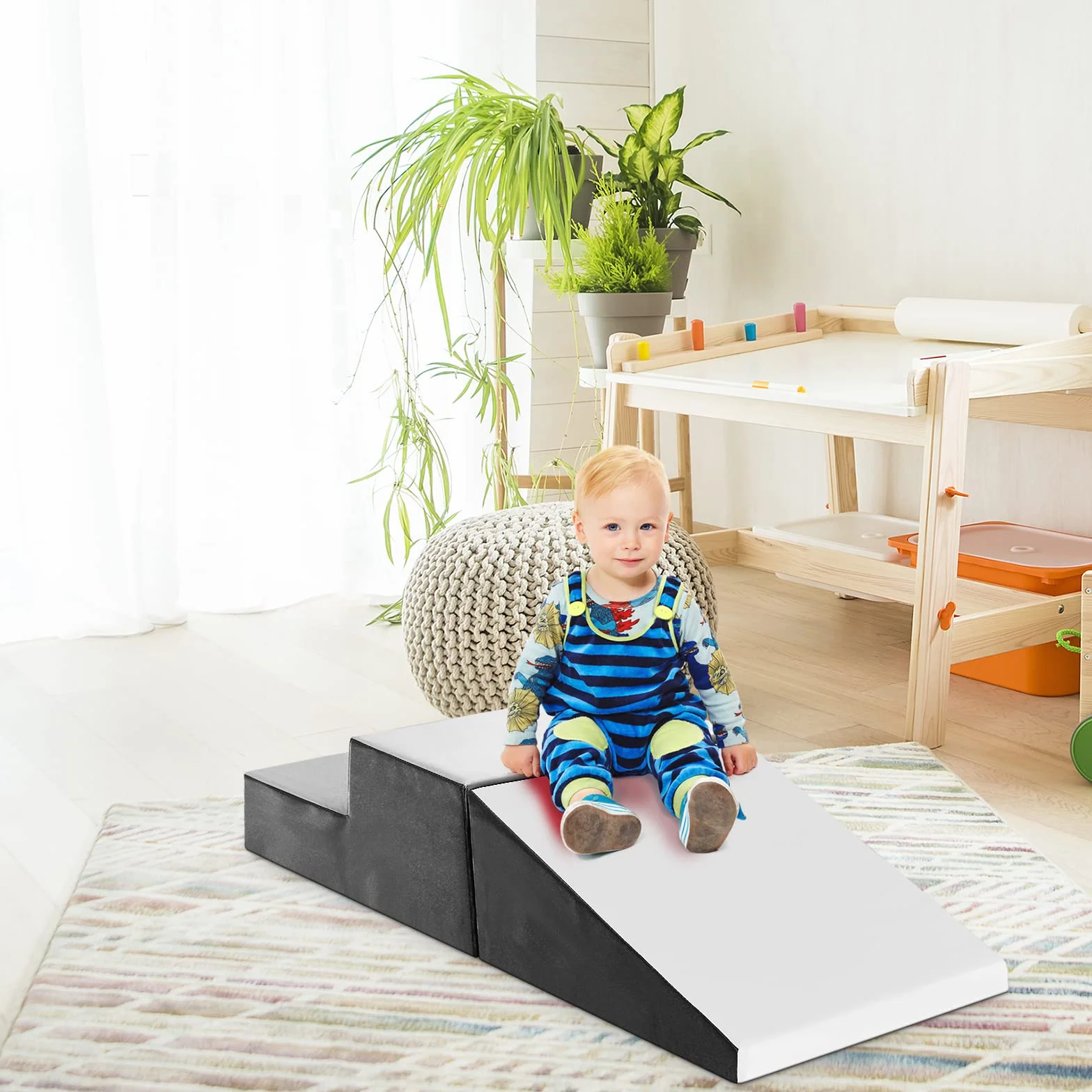 DREAMADE Modules de Motricité pour Enfant, Blocs de Construction en Mousse avec Escalier et Toboggan, Jouets Éducatifs 3+ Ans (Blanc, Gris)