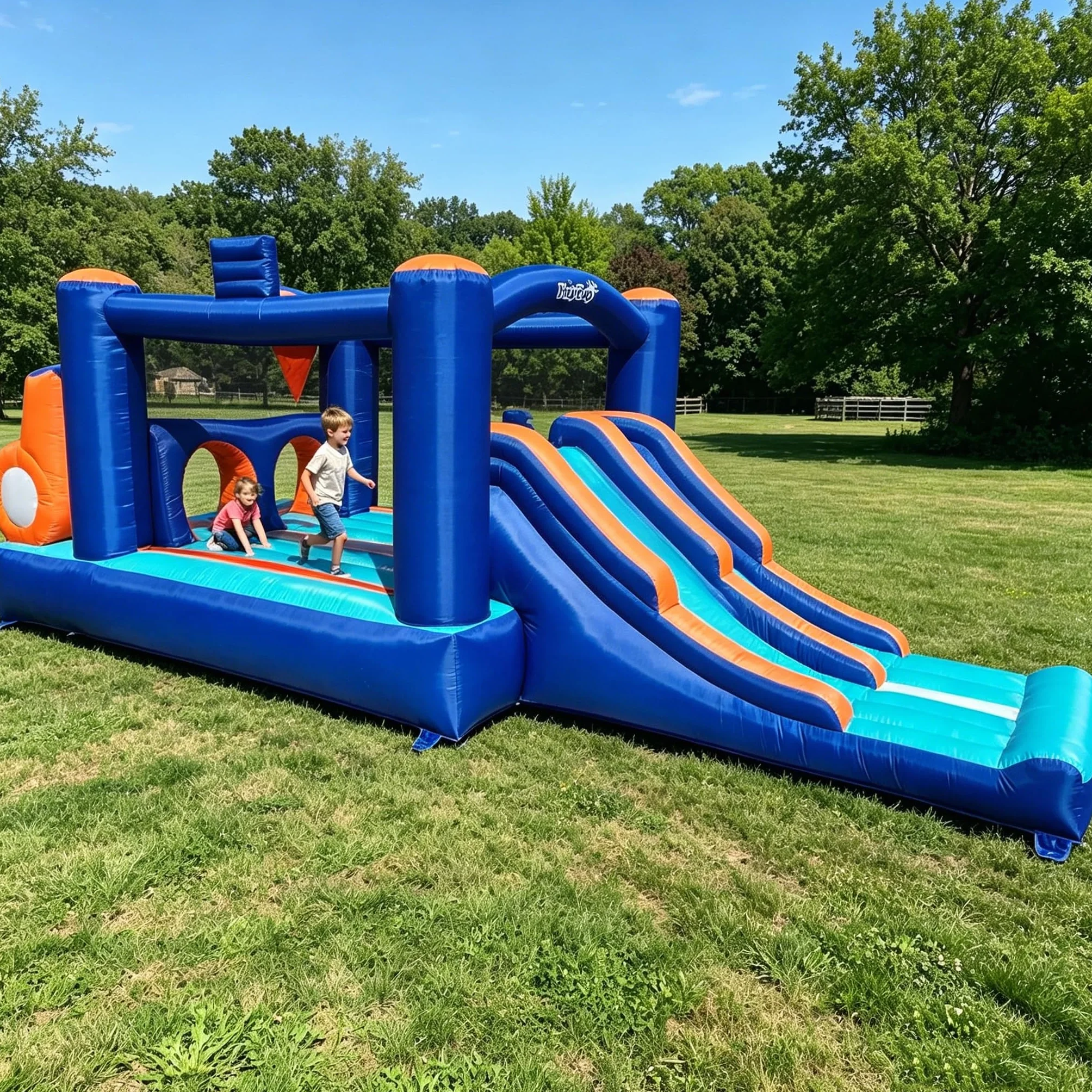Château Gonflable 5.2x2.3x1.8m Double Toboggans Trampoline Tunnel Murs d'escalade 4 Enfants 3-10 Ans Intérieur Extérieur