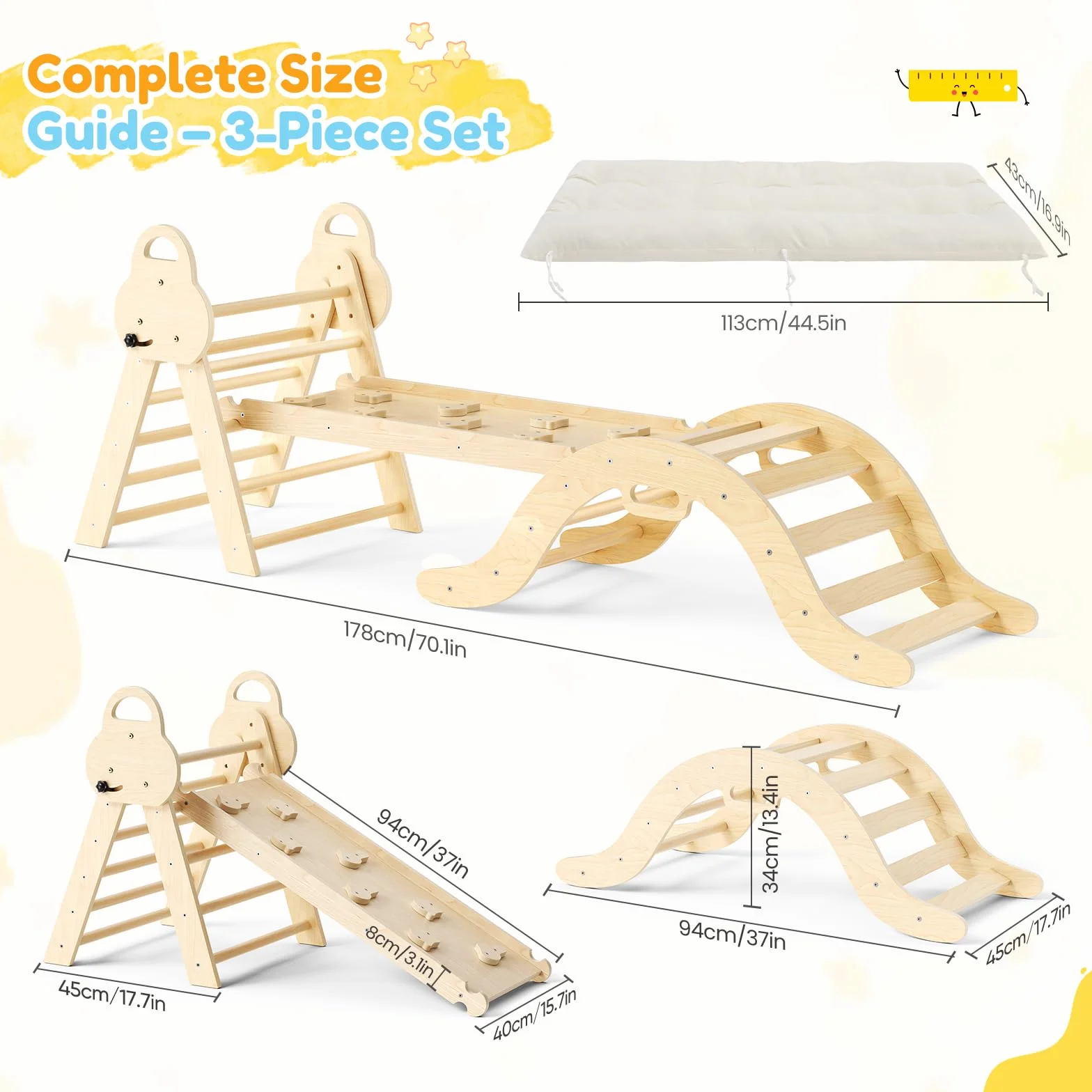 Montessori Triangle Arche 7 en 1, Arche d'escalade et Toboggan en Bois pour Tout-Petits 1-3 Ans