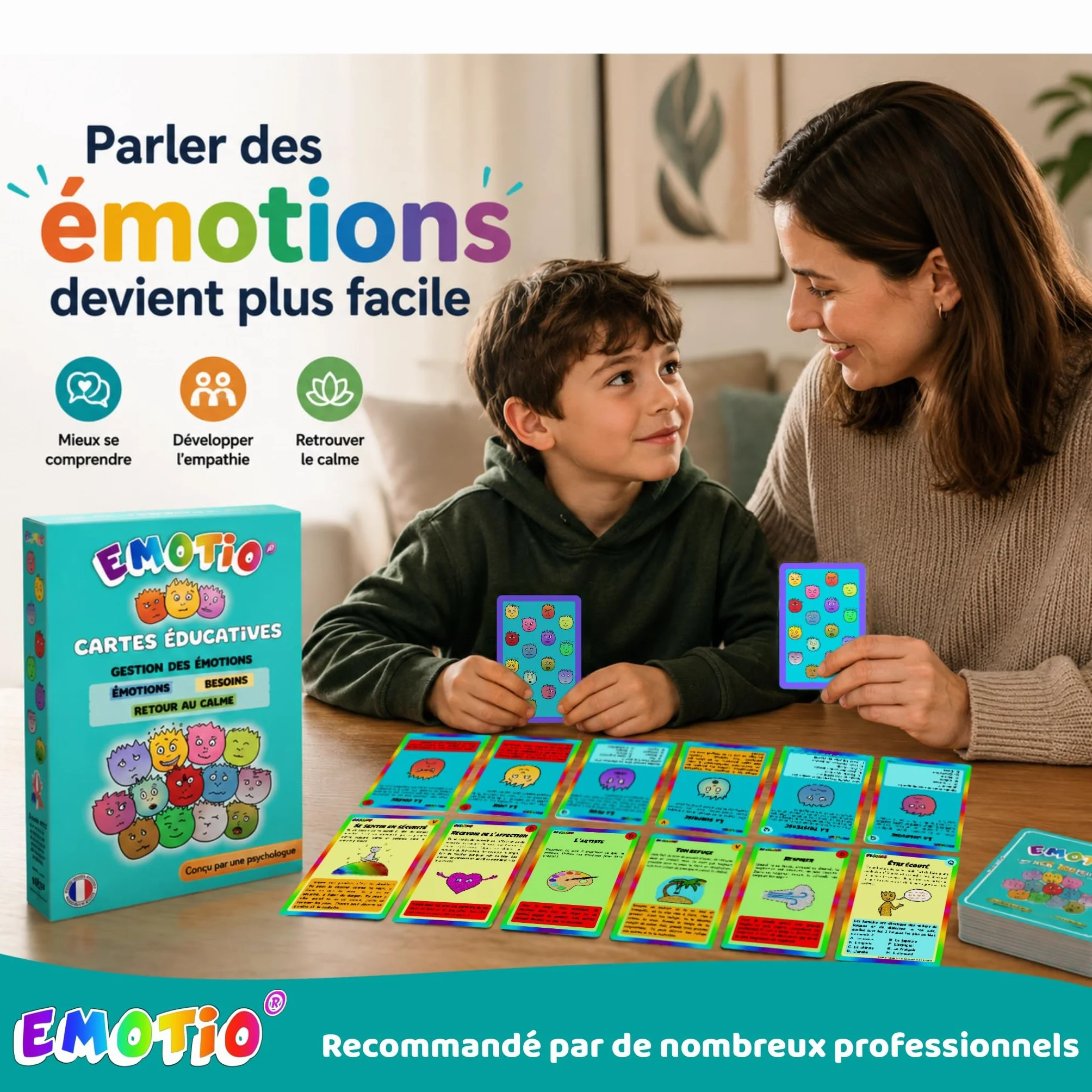 Jeu des émotions 48 cartes pédagogiques avec 3 thèmes fabriqué en France