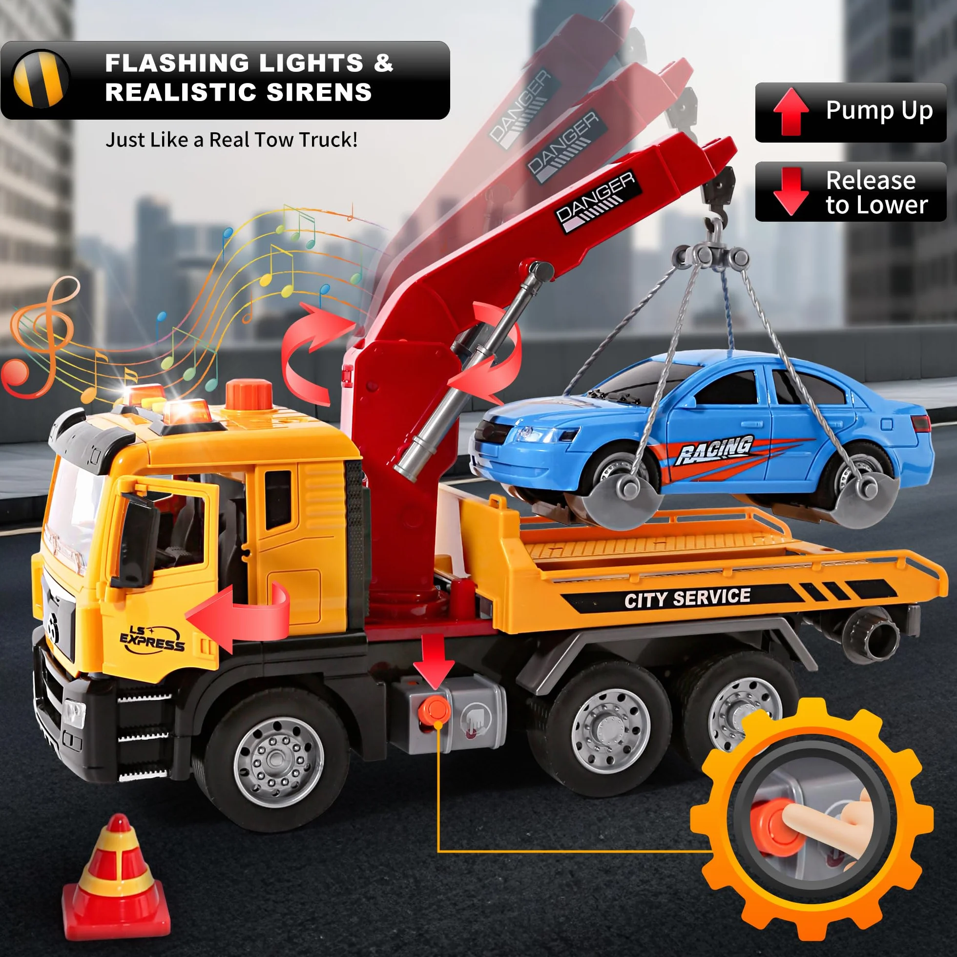 BunnyJOY Camion Dépanneuse avec Grue Jouet Enfants 3-6 Ans Lumière Sons