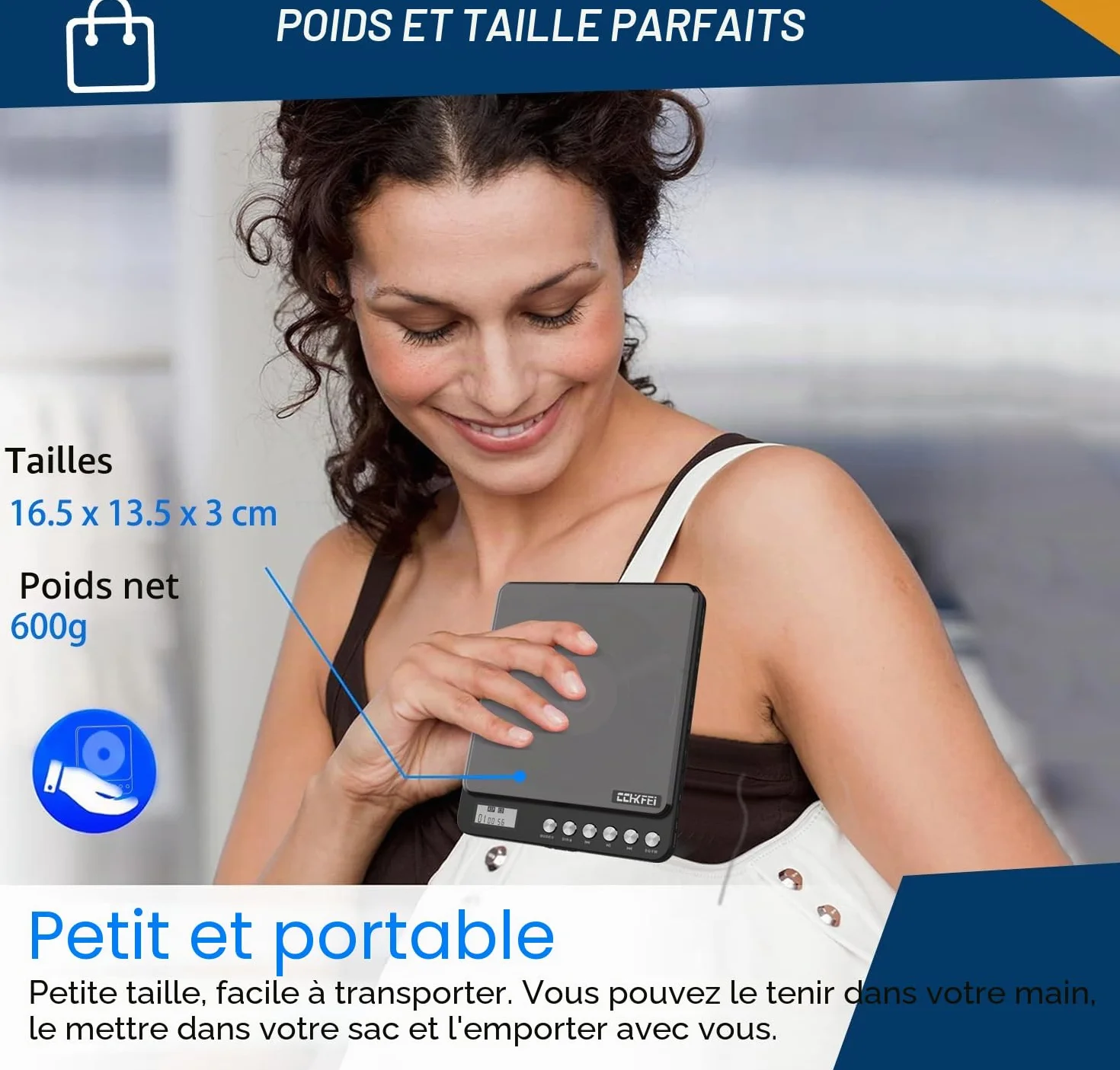 CCHKFEI Lecteur CD Portable Bluetooth Rechargeable Transmetteur FM Antichoc Double Prise Casque 3.5mm