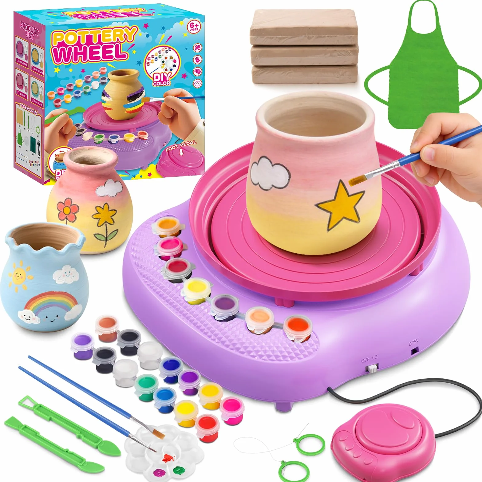 Tour de Potier Enfant avec Argile et Peinture, Kit Poterie Auto-Durcissante Cadeau Créatif
