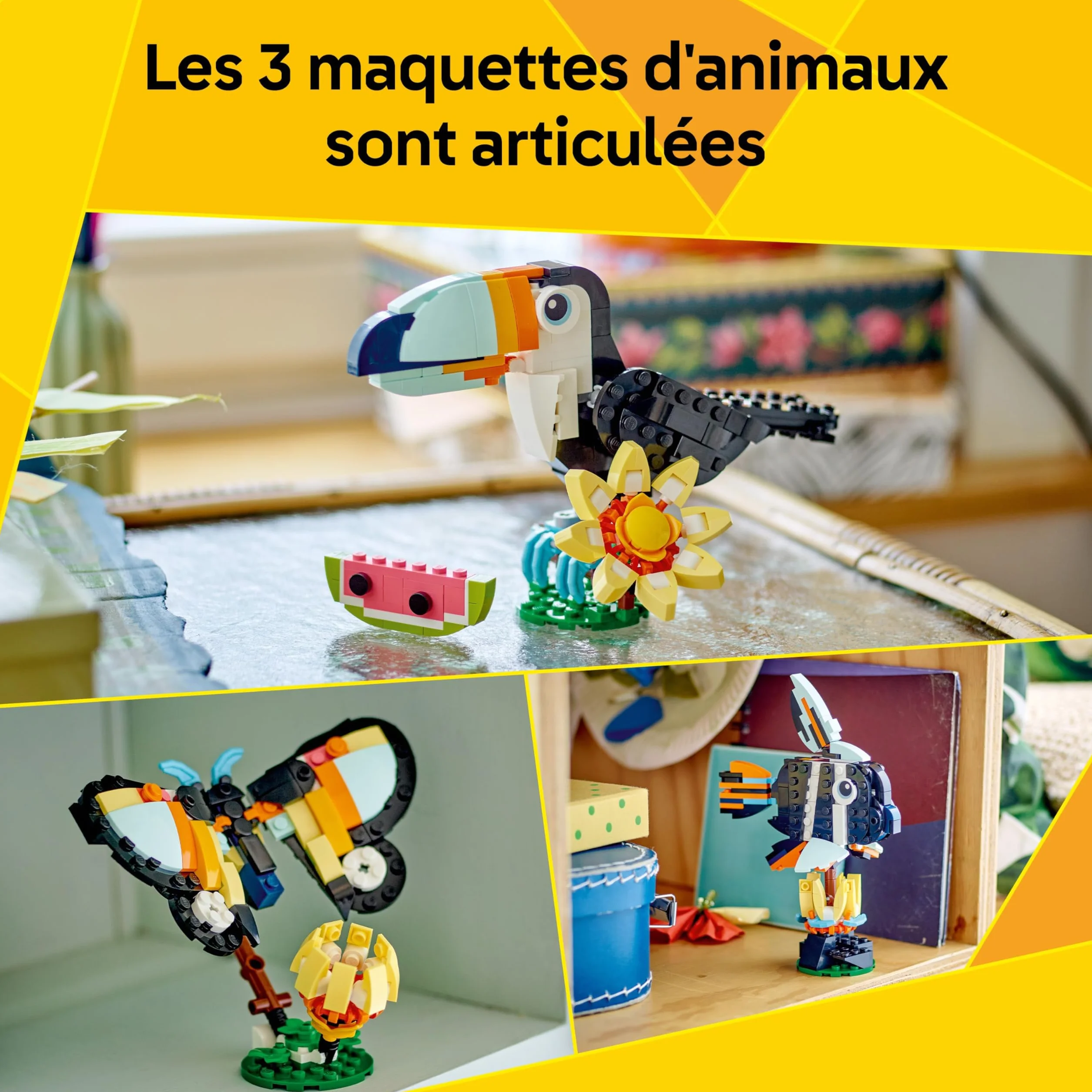 LEGO Creator 3-en-1 Animaux Sauvages Toucan Tropical Oiseau avec Fleur Jouet Animal Transformable Papillon Poisson Tropical Cadeau 7 Ans 31173