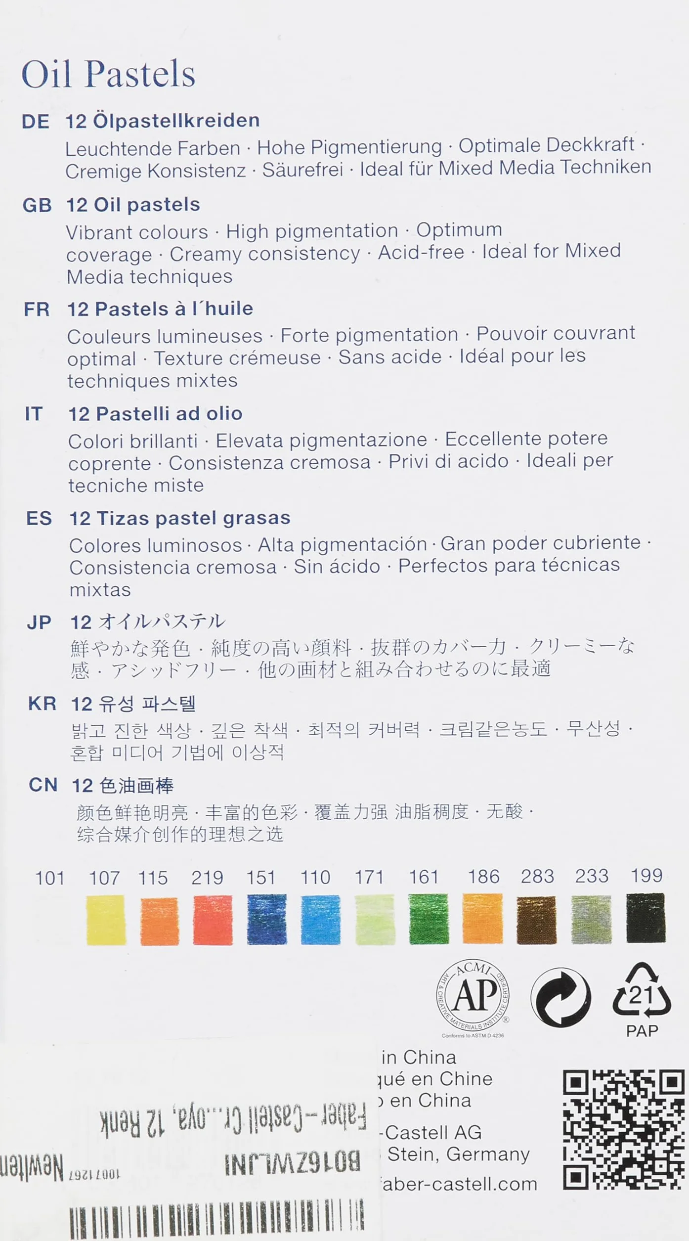 Faber-Castell Lot de 12 Pastels à l'Huile Multicolore