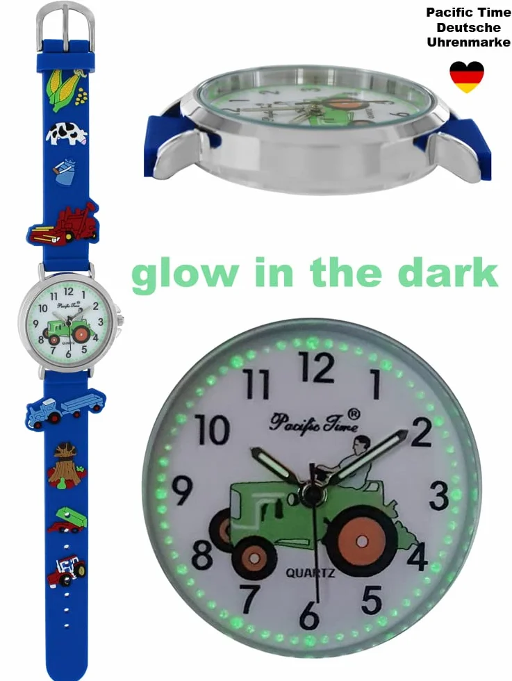 Pacific Time Horloge enfants montre bracelet argenté garçon tracteur ferme analogique quartz bleu
