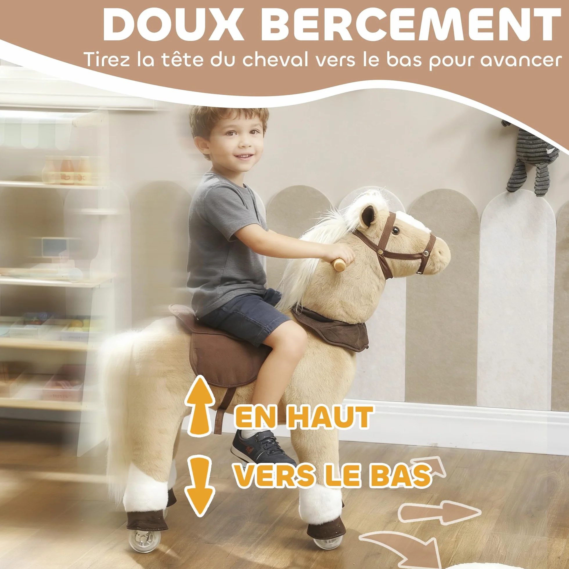 AIYAPLAY Cheval à Bascule en Peluche sur roulettes, avec Selle et Harnais, pour Enfant 3-5 Ans, Charge Max 25 kg, Marron