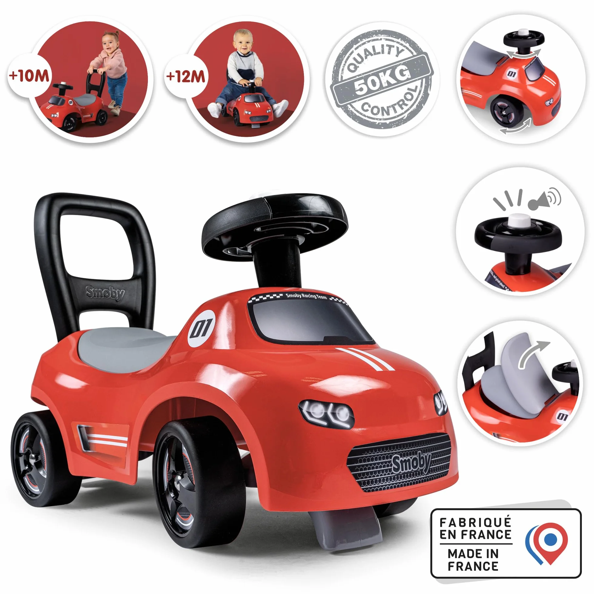Smoby Porteur Auto Rouge Trotteur Volant Directionnel Coffre à Jouets 10 Mois Fabrication Française