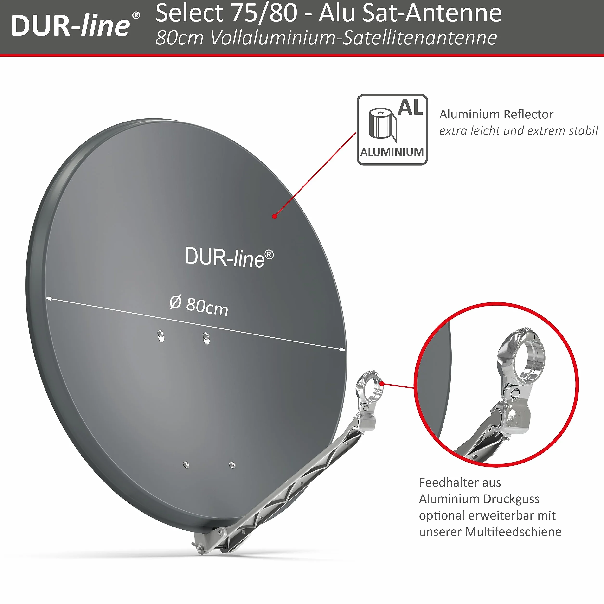 DUR-line Select Parabole Satellite 80 cm Aluminium Anthracite avec Support LNB Inoxydable