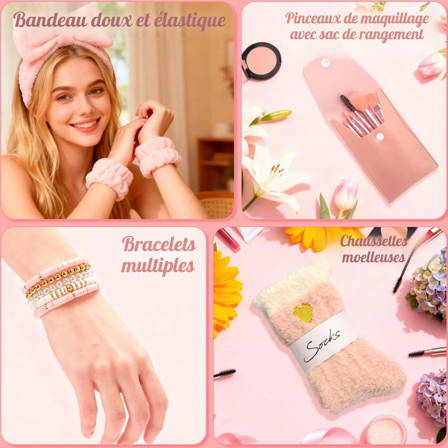 Cadeau Anniversaire Noël Fille Adolescent 9-16 Ans Tasse Verre Couvercle Pince Cheveux Pinceaux Maquillage Rose