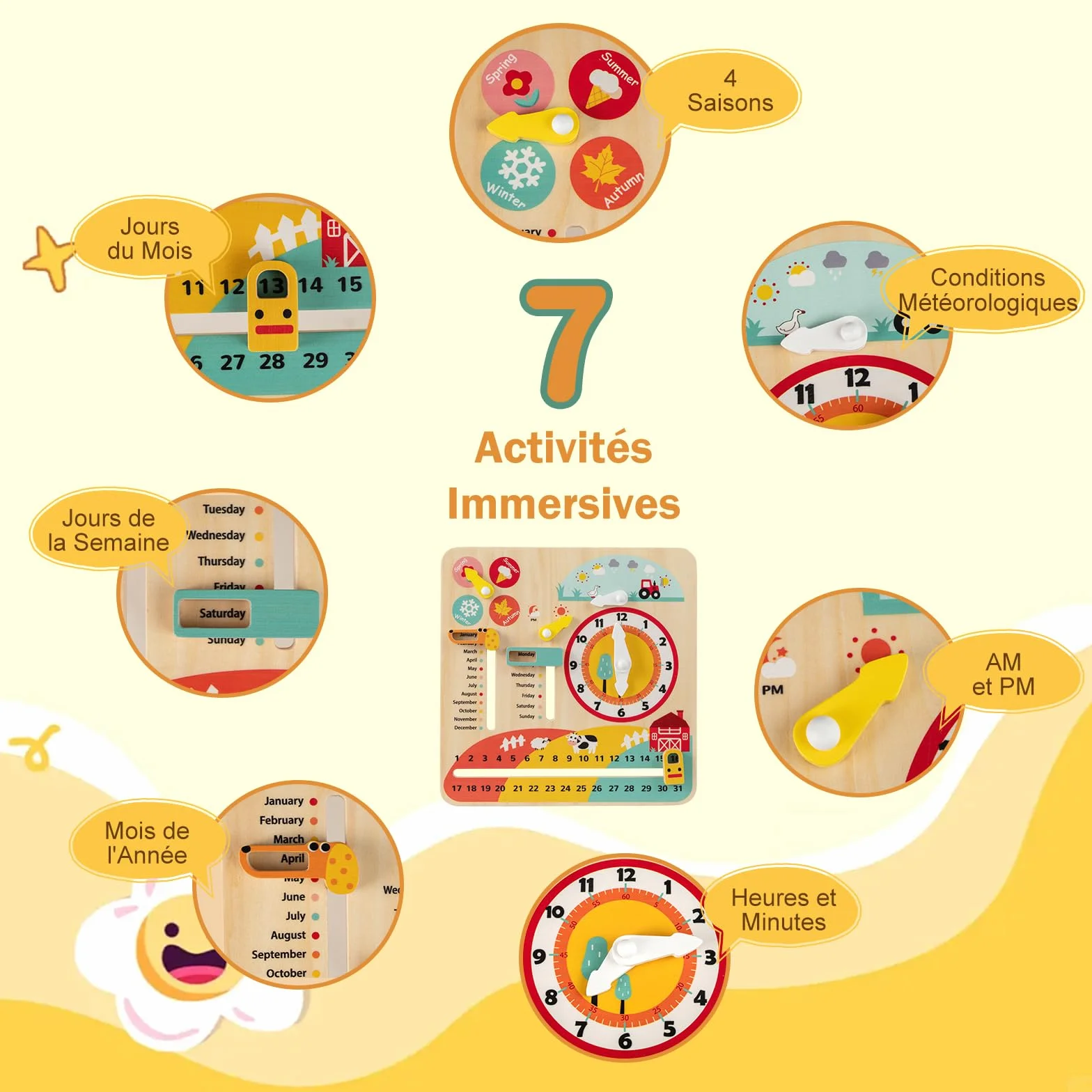 GOPLUS Calendrier Enfant Éducatif 7 en 1, Planche d'Activité d'apprentissage des Mois, Semaines, Jours, Saisons, Heure, Météo, Jouet Montessori Motricité en Bois pour 3+ Ans