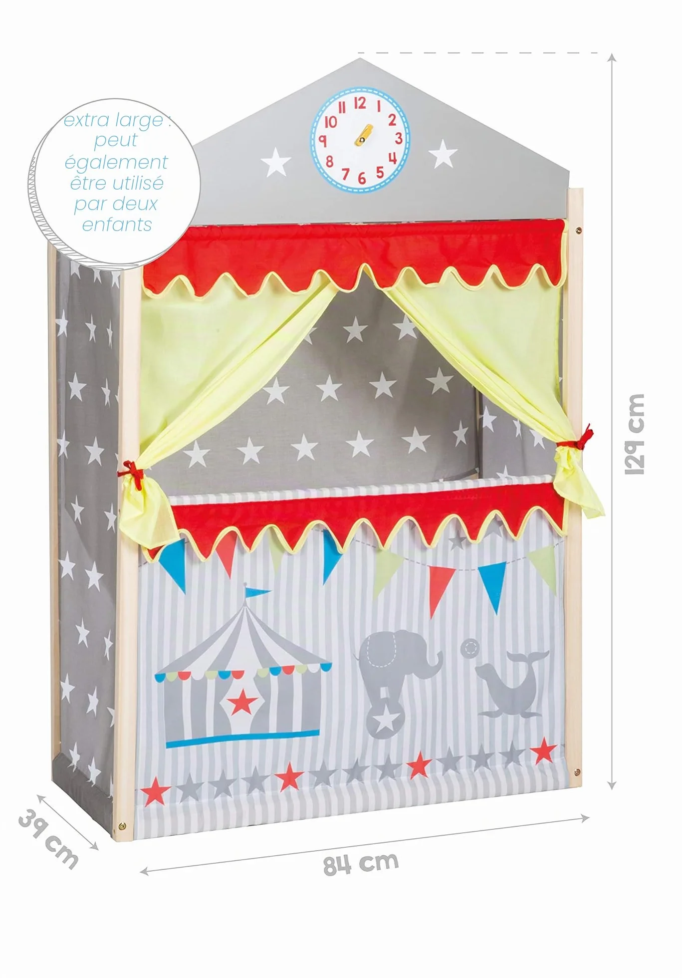 roba Théâtre de Marionnettes pour Enfant en Bois et Tissu Étoilé Gris - Monté sur Pied - 84 x 39 x 129 cm - avec Horloge à Aiguilles Mobiles - dès 3 Ans - Multicolore
