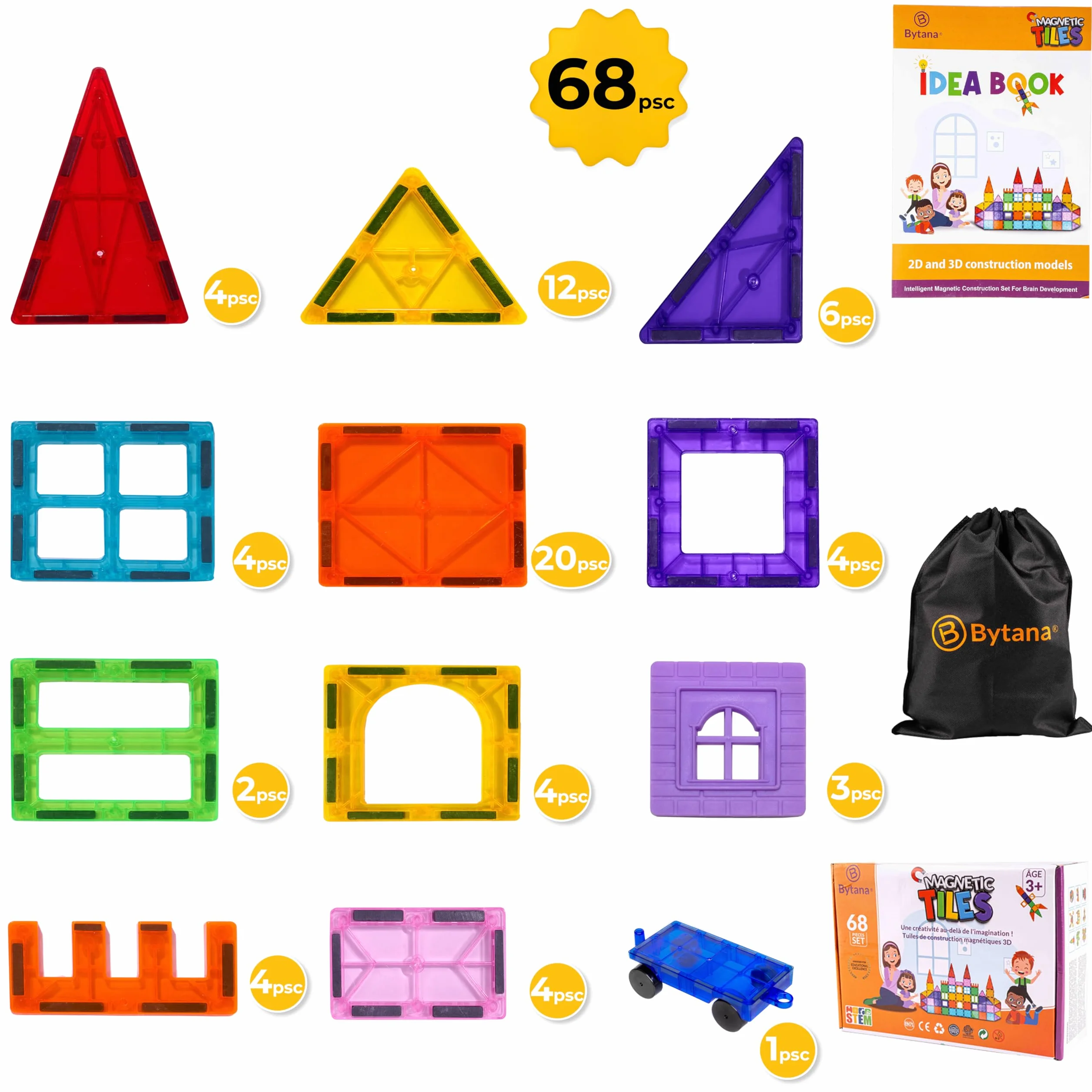BYTANA Jeu de Construction Magnétique 68 Pièces Blocs Aimantés 3D Jouet Éducatif Créatif 3 Ans