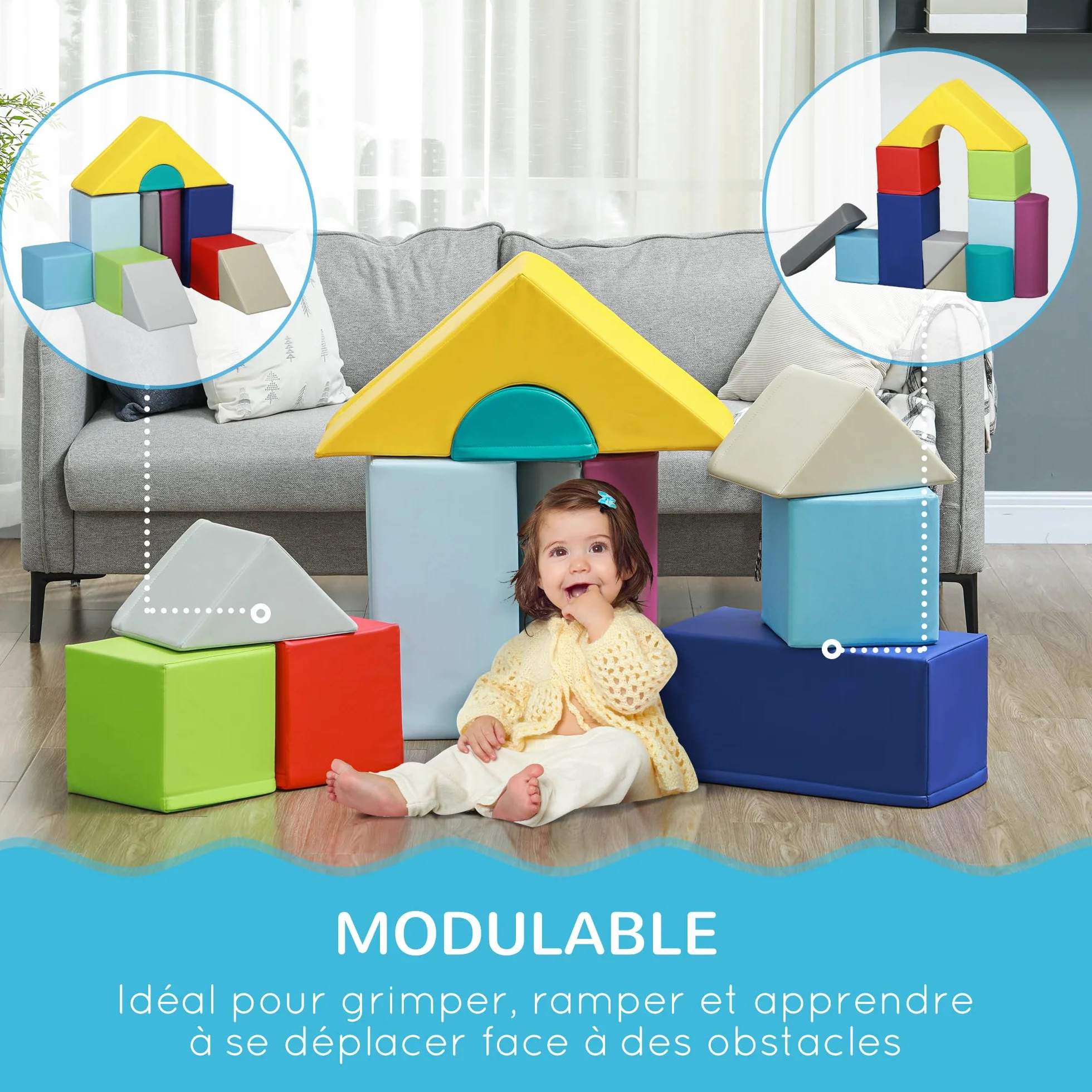HOMCOM Parcours motricité bébé 11PCS, Module motricité bébé en Mousse EPE, Blocs de Construction, Jouets éducatifs 1-3 Ans Multicolore