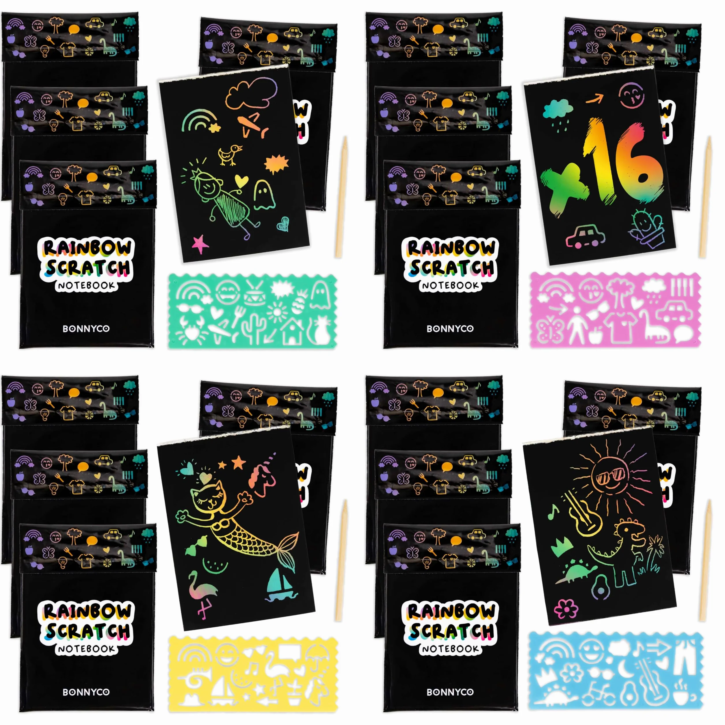 BONNYCO Carte a Gratter Enfant 16 Sets avec Carnet, Pochoir et Stylet en Bois