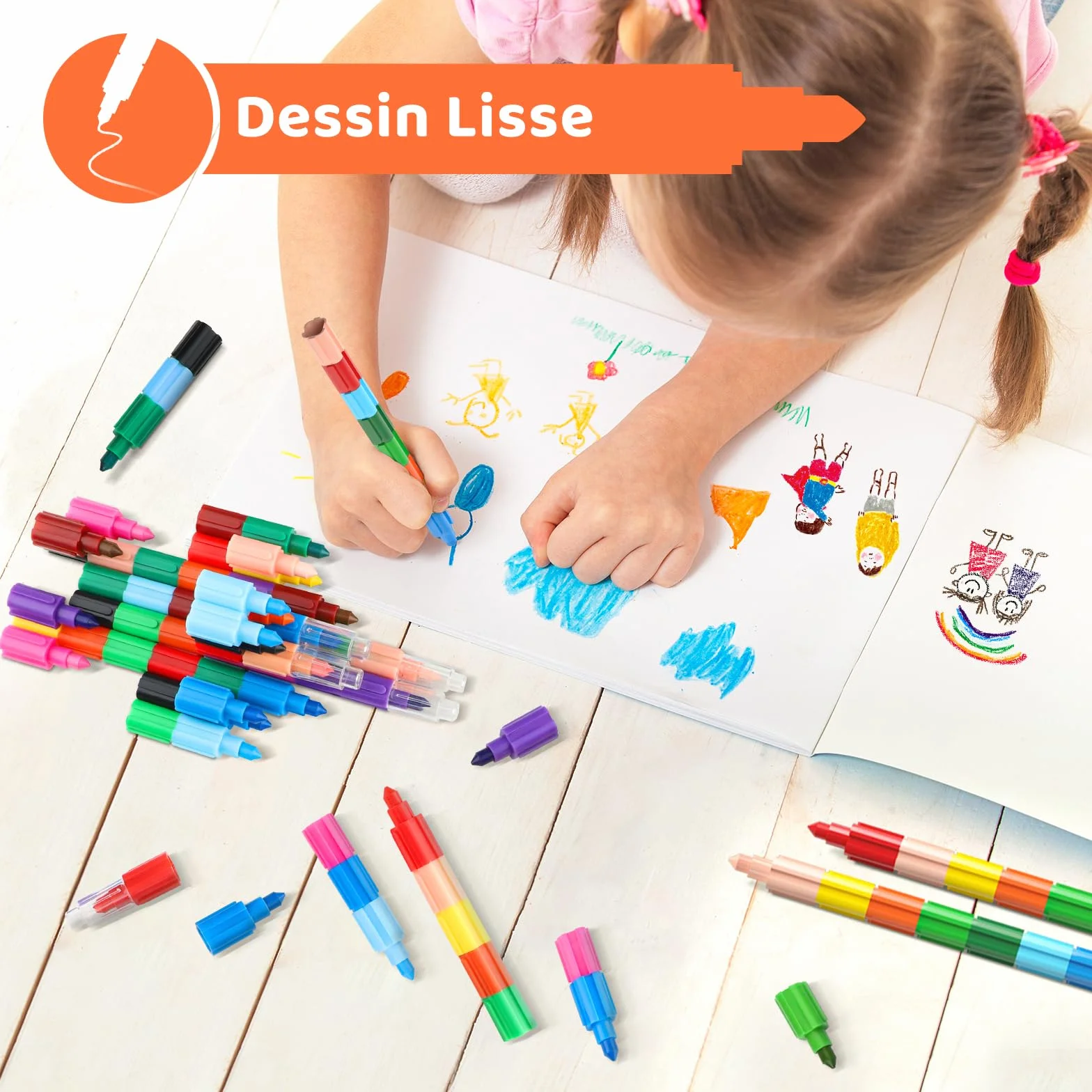 Crayons de Couleur Empilables pour Enfants, Ensemble de Crayons de Cire Arc-en-ciel