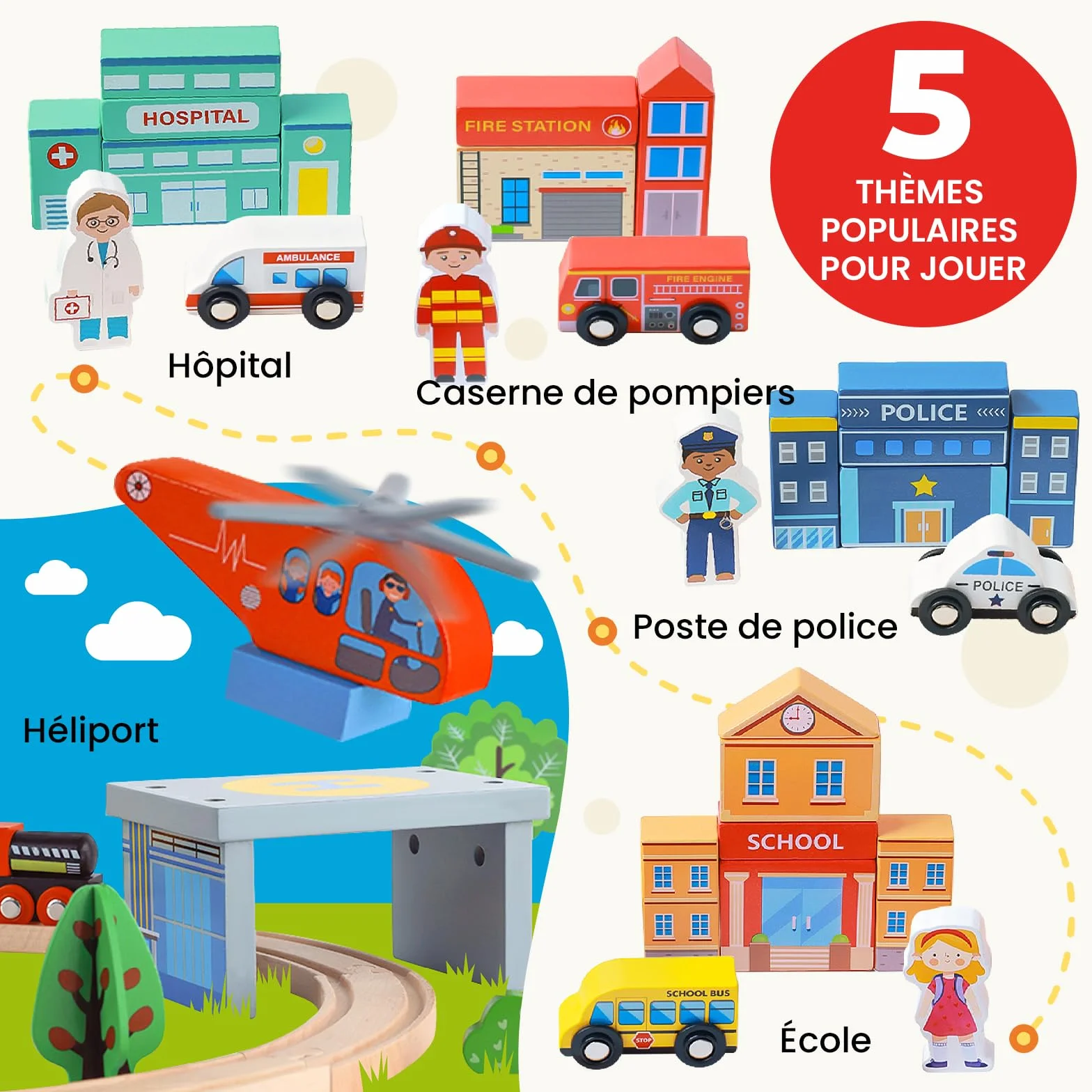 Tiny Land Kit de chemin de fer en bois 110 pièces pour enfants 3-7 ans