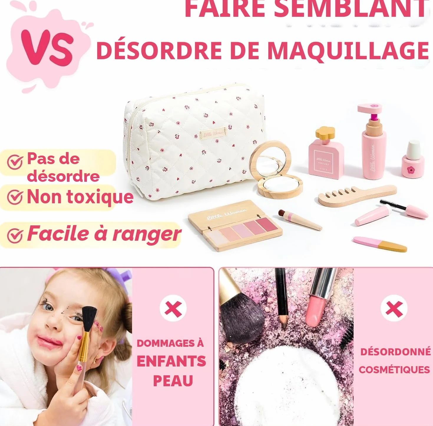 Coffret Maquillage Enfant Fille en Bois Jouet Maquillage Malette Accessoires Jeux Princesse Cadeau 3-8 Ans