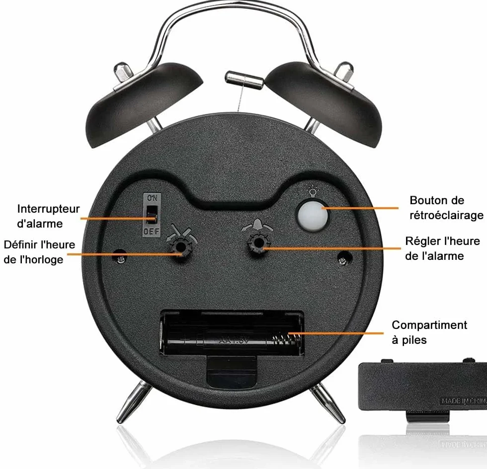 Reveil Vintage Double Cloche avec Veilleuse - Analogique, Grand Cadran 16 cm, Silencieux sans Tic-Tac (Noir)