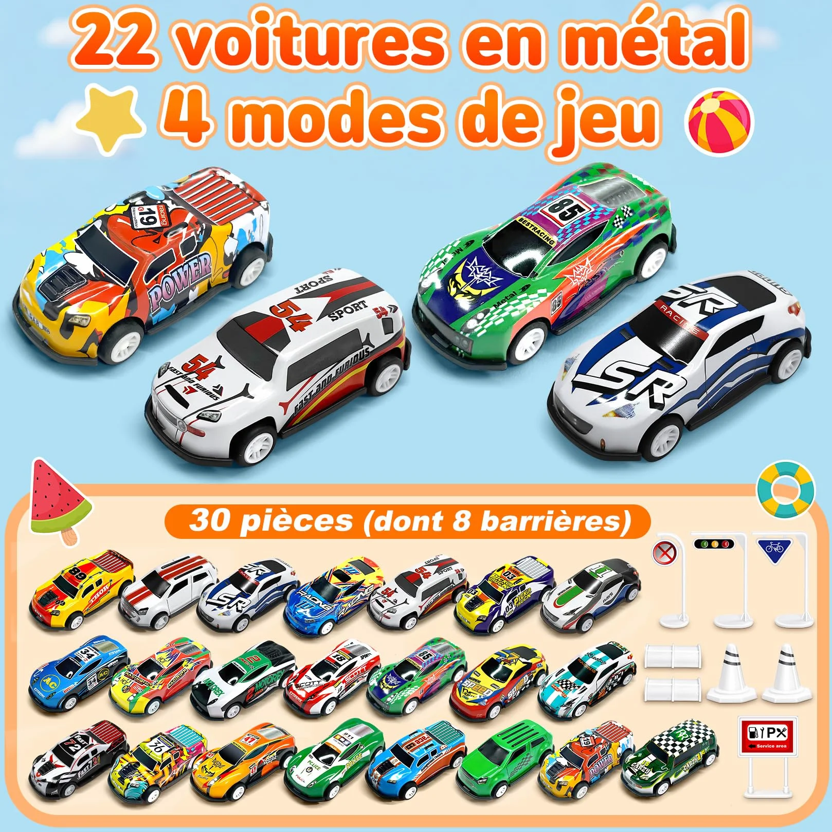 Coffret Petite Voiture Enfant, Lot Voiture Miniature en Metal 1/64, 22 Voitures Jouets avec 8 Barrage Routier, Voiture à Friction pour Enfants 3-8 Ans