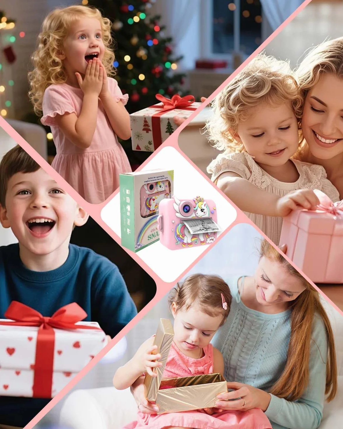 Appareil Photo Instantané Enfants Licorne 2.4" Écran Vidéo 1080P Zoom 16X Impression Thermique 32Go Rose