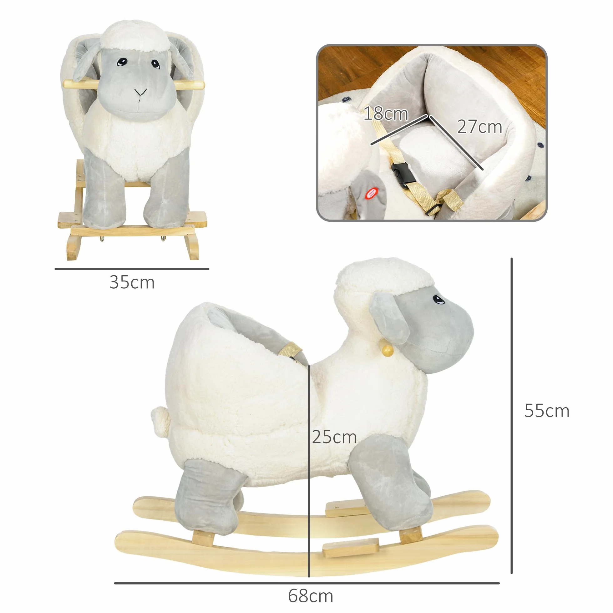 AIYAPLAY Cheval à Bascule pour Enfant, Jouet à Bascule en Peluche Agneau, 68 x 35 x 55 cm, Gris
