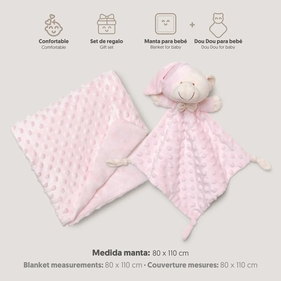 Interbaby Couverture Bébé Bulles 80x110cm + Peluche Ourson 28x17cm Coffret Cadeau Naissance Rose