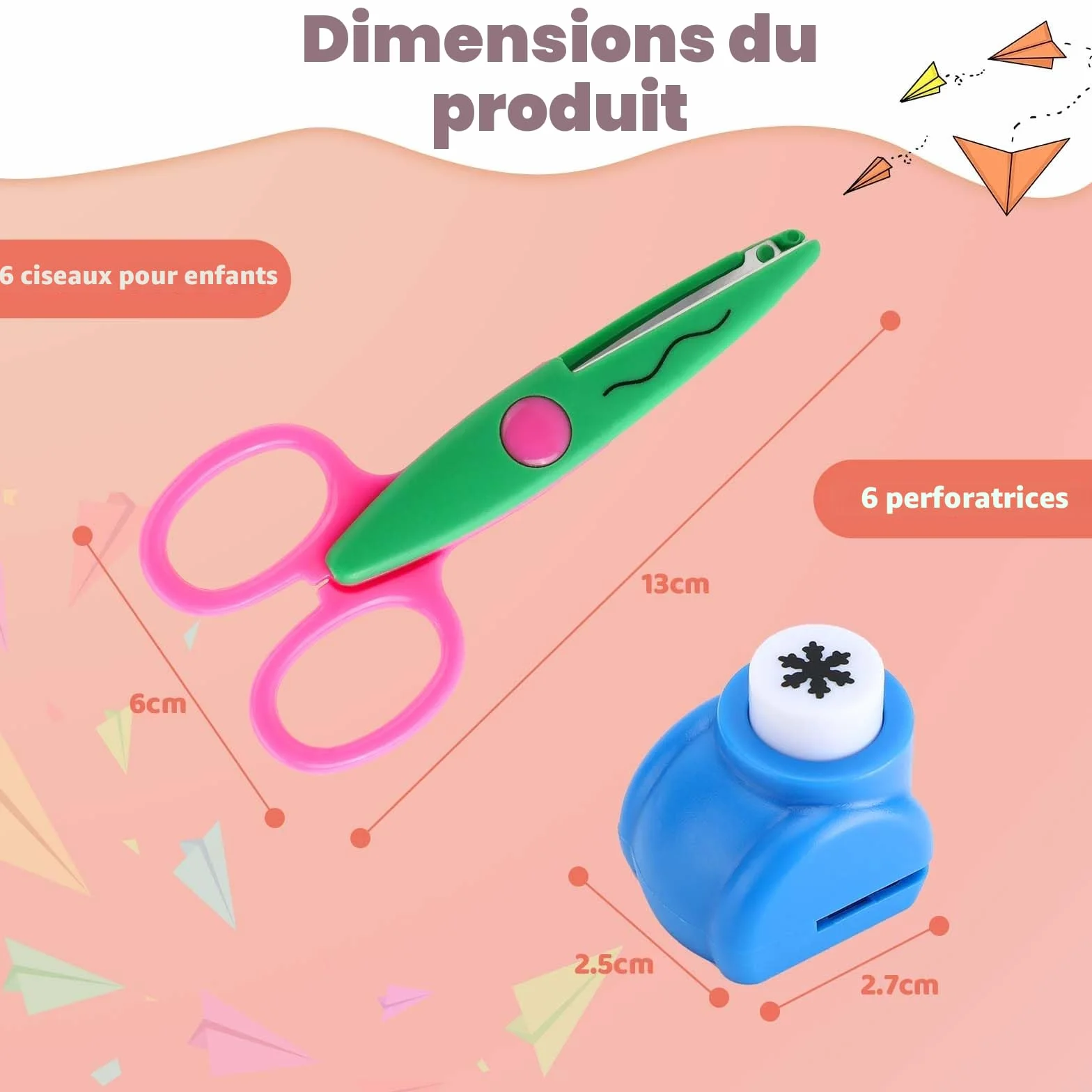 Lot de 6 Ciseaux de Bricolage pour Enfants avec Perforatrices à Papier, 6 Formes de Coupe