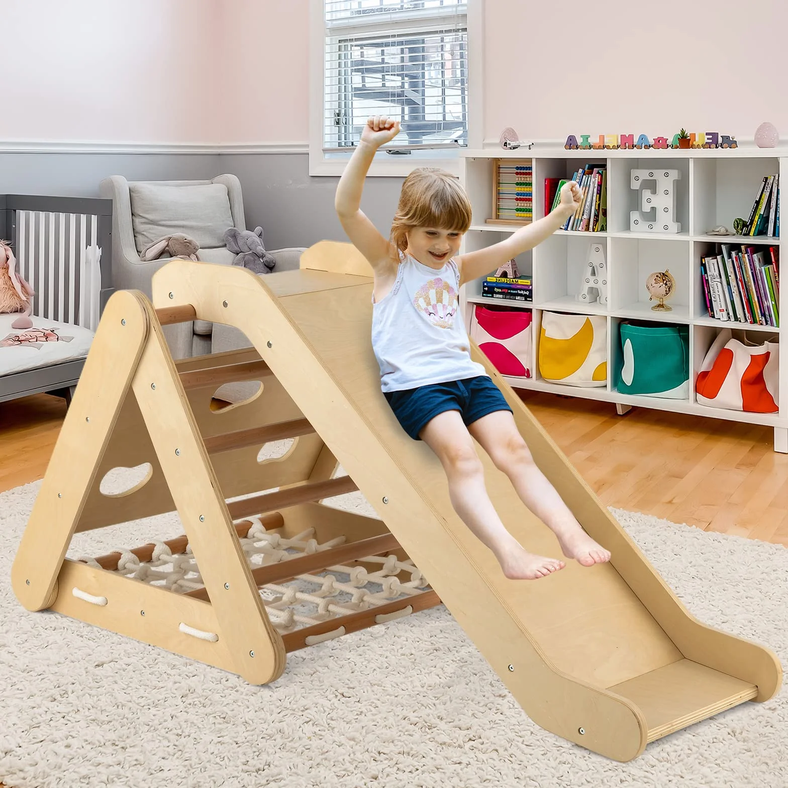 GOPLUS Triangle d'Escalade Montessori Enfants avec Filet à Grimper, Planche et Échelle, Toboggan, Charge 50KG, Aire de Jeux Intérieur pour Bébé 1 an+