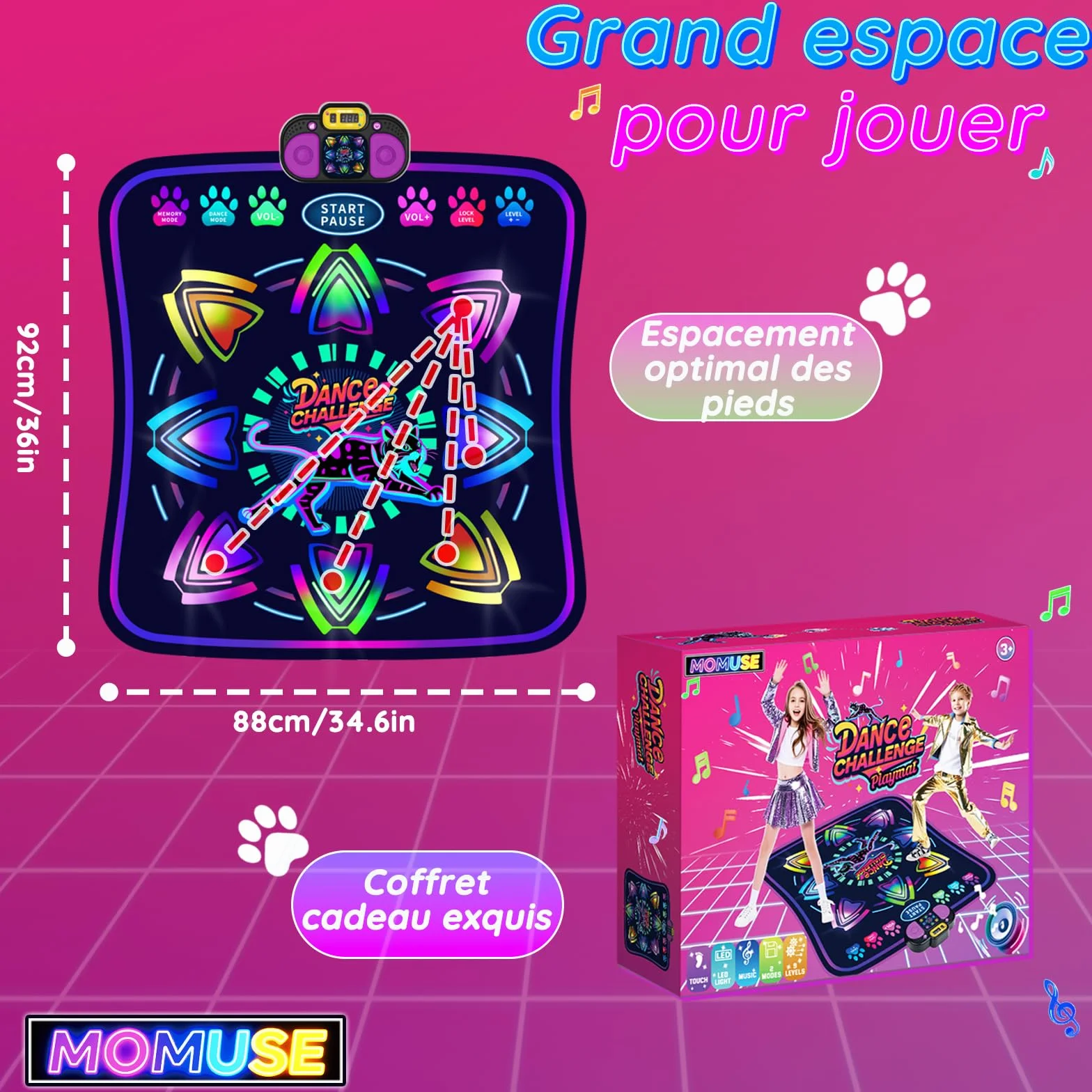 MOMUSE Tapis de Danse pour Enfants 3-8 Ans, Tapis Musical LED, 2 Modes, 9 Niveaux, Cadeau Noël Garçons Filles