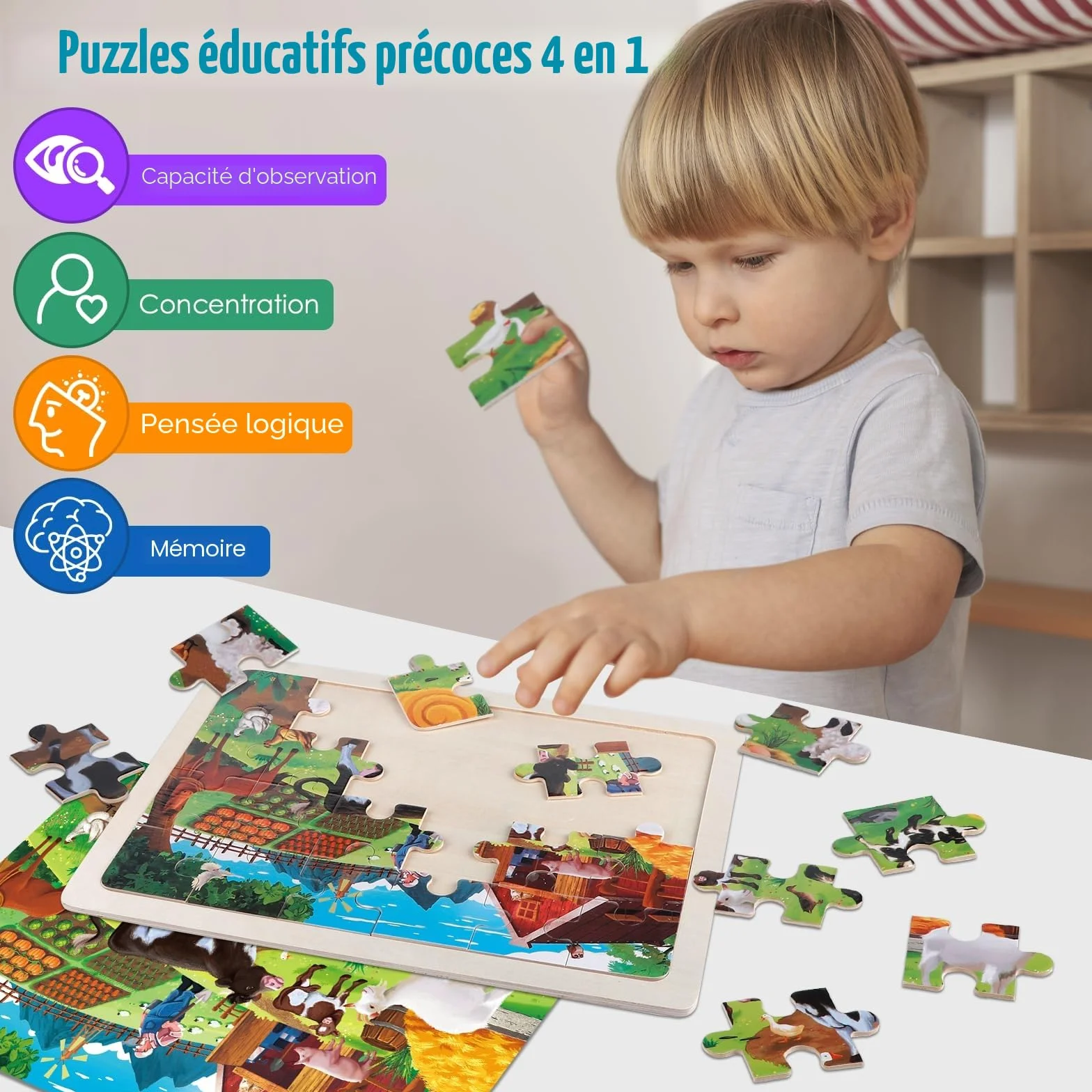 Puzzle en Bois Enfant 3 4 5 Ans Lot de 4x24 Pièces Jeu Montessori Éducatif Dinosaure Ferme Animaux
