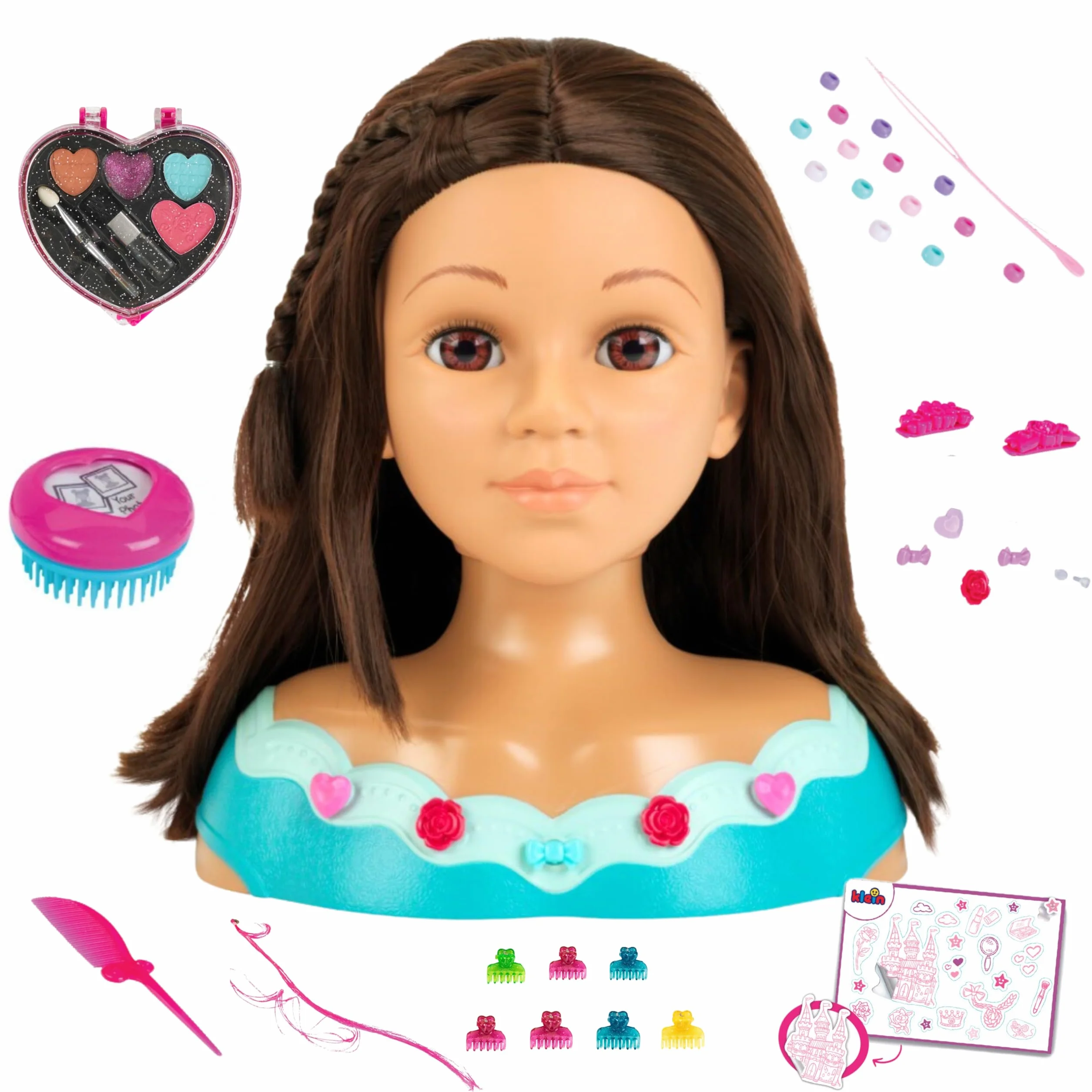 Theo Klein 5201 Tête à Maquiller et à Coiffer Mia avec Palette de Maquillage Cœur et Bijoux de Coiffure, Jouet pour Enfants dès 3 Ans
